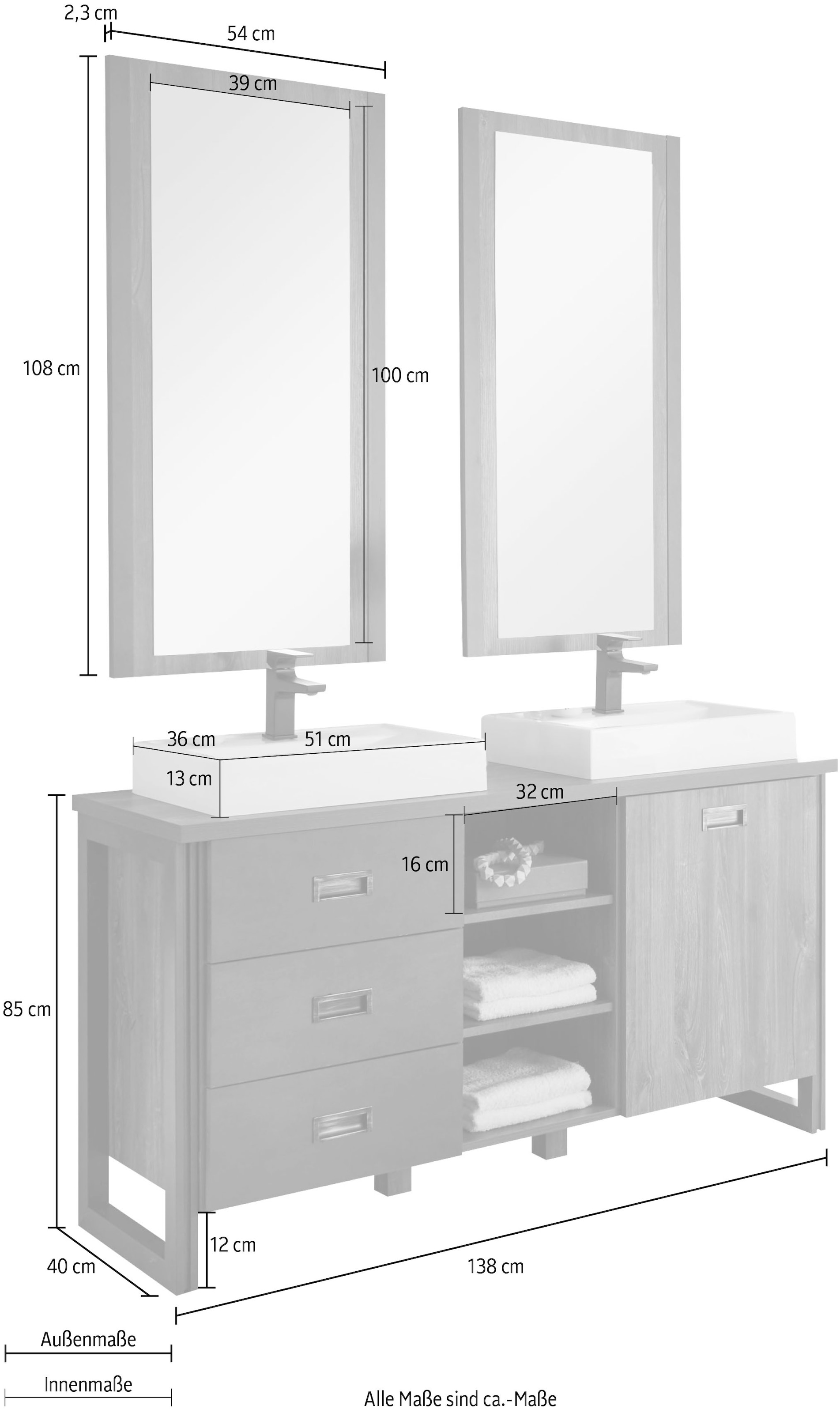 Home affaire Badmöbel-Set »Detroit, Bad im Industrialdesign, 2-teiliges Badezimmer«, (Set, 3 St.), Waschtisch und Spiegel, inkl. zwei Aufsatzwaschbecken aus Mineralguss