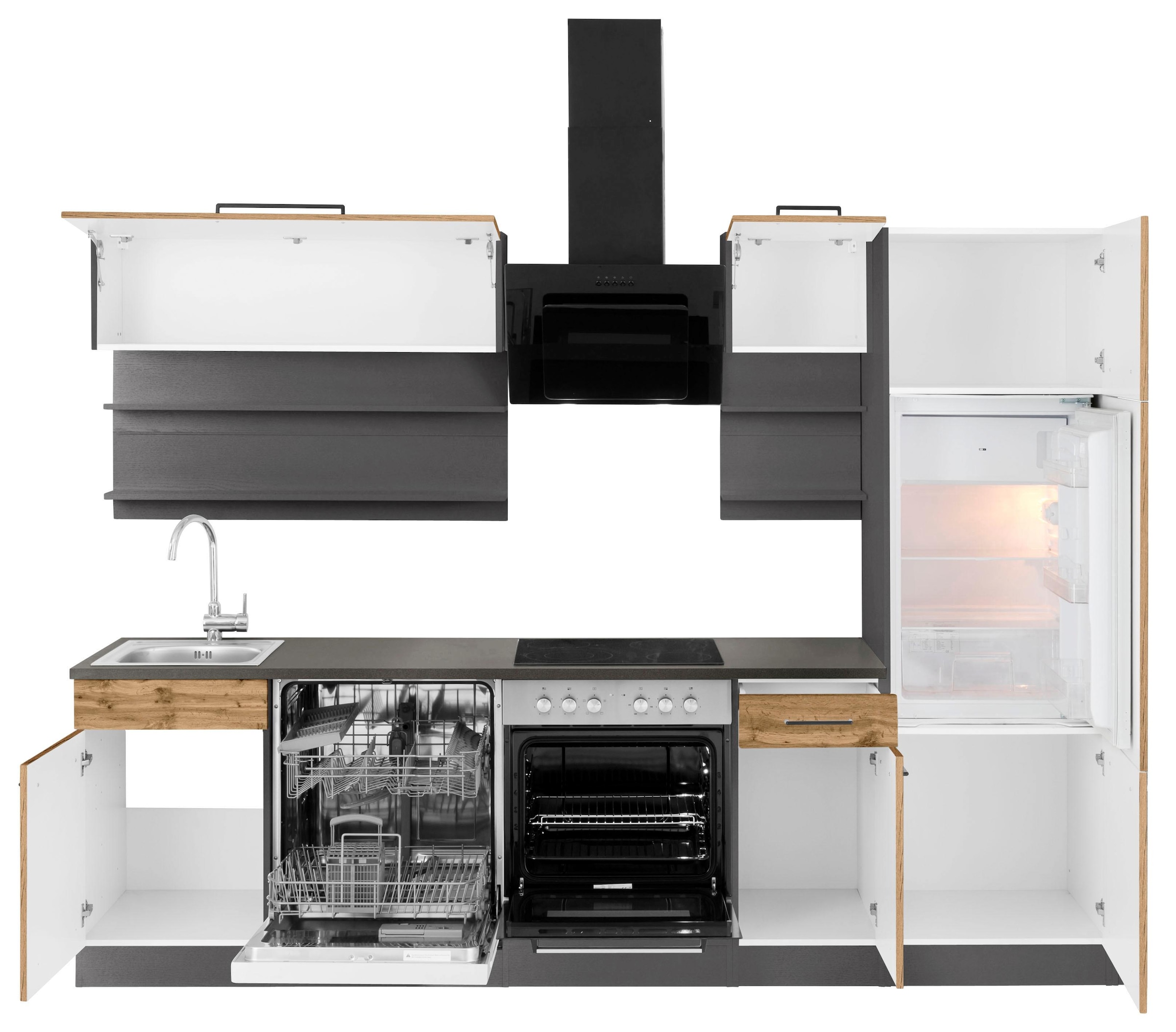KOCHSTATION Küchenzeile »KS-Tulsa« mit E-Geräten, Breite 270 cm, schwarze Metallgriffe, MDF Fronten