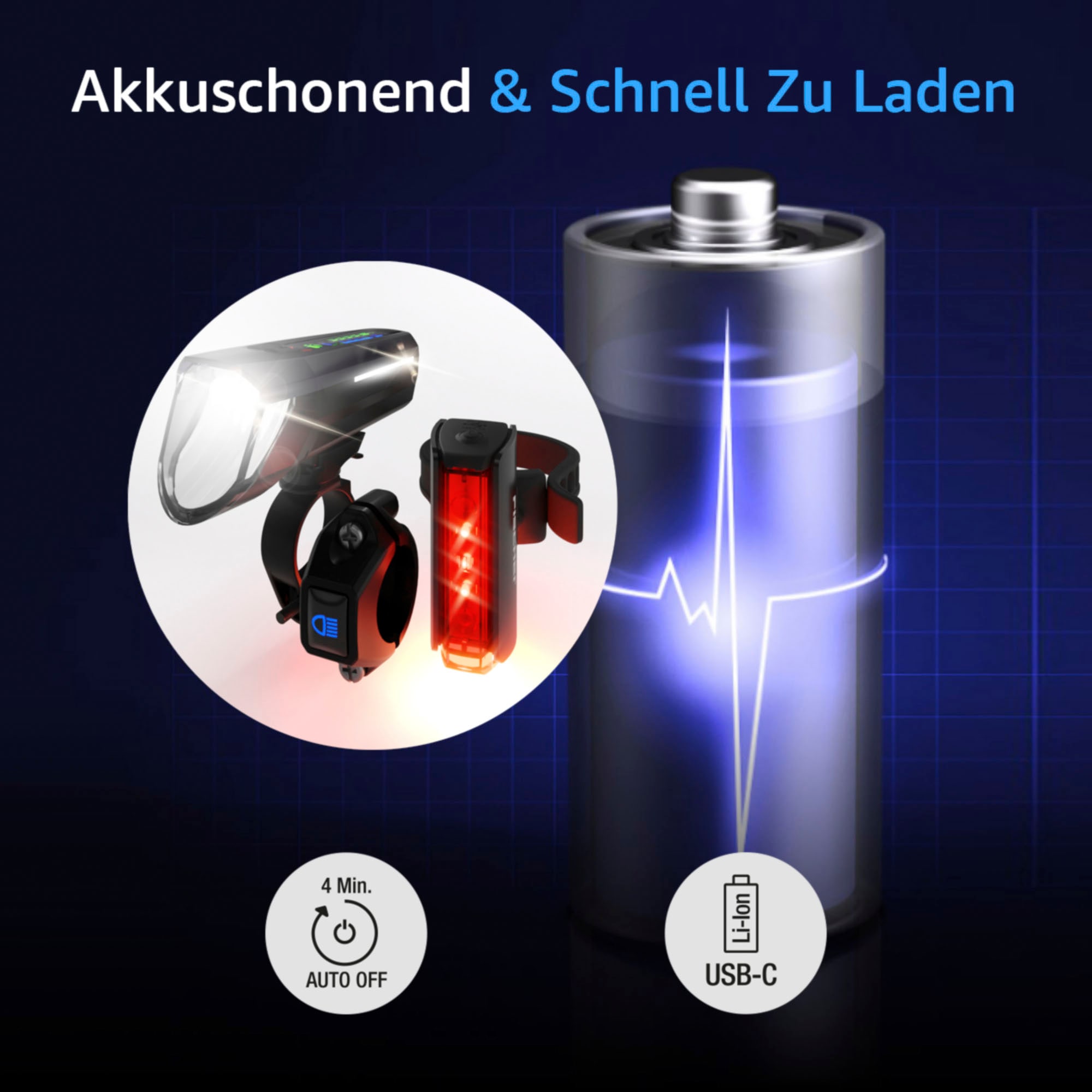 FISCHER Fahrrad Fahrradbeleuchtung »LED-Akku-Bel. Set PLUS 100/130 Fernlicht + TWIN STOP«, (Set, 2 tlg., Front- und Rücklicht inkl. Ladekabel)