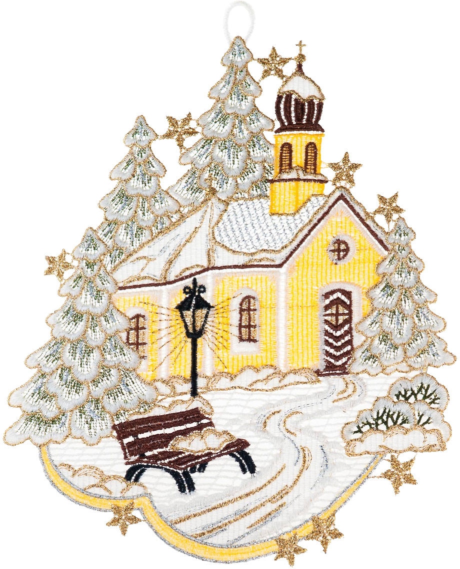 W. Reuter & Sohn - Plauener Spitze Fensterbild »Kapelle« Made in Germany in gelb, Größe B/L: 20 cm x 24 cm