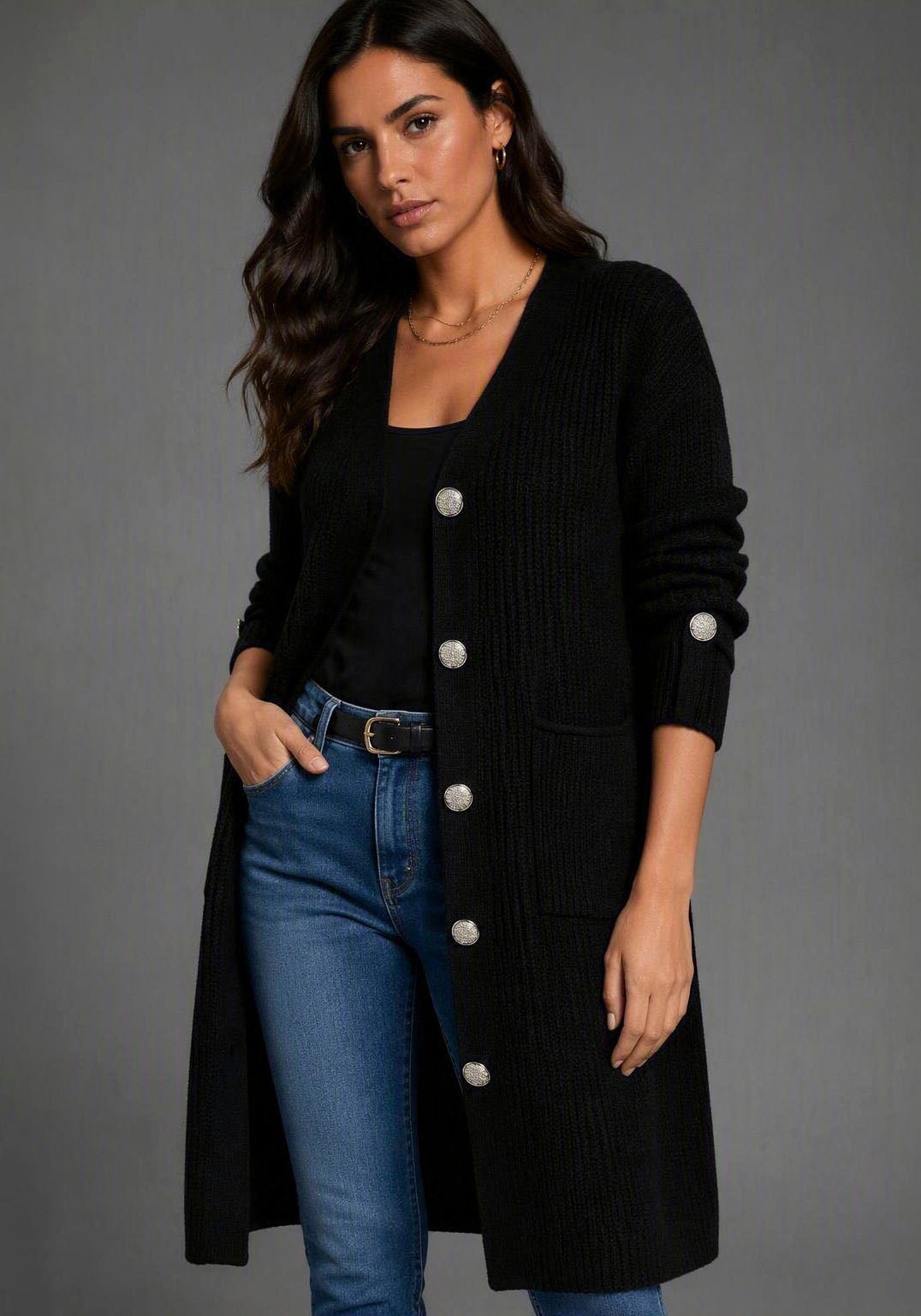 Bruno Banani Longstrickjacke »mit goldfarbenen Knöpfen« Oversize-Passform, ca. Mitte Knie, moderne Longform