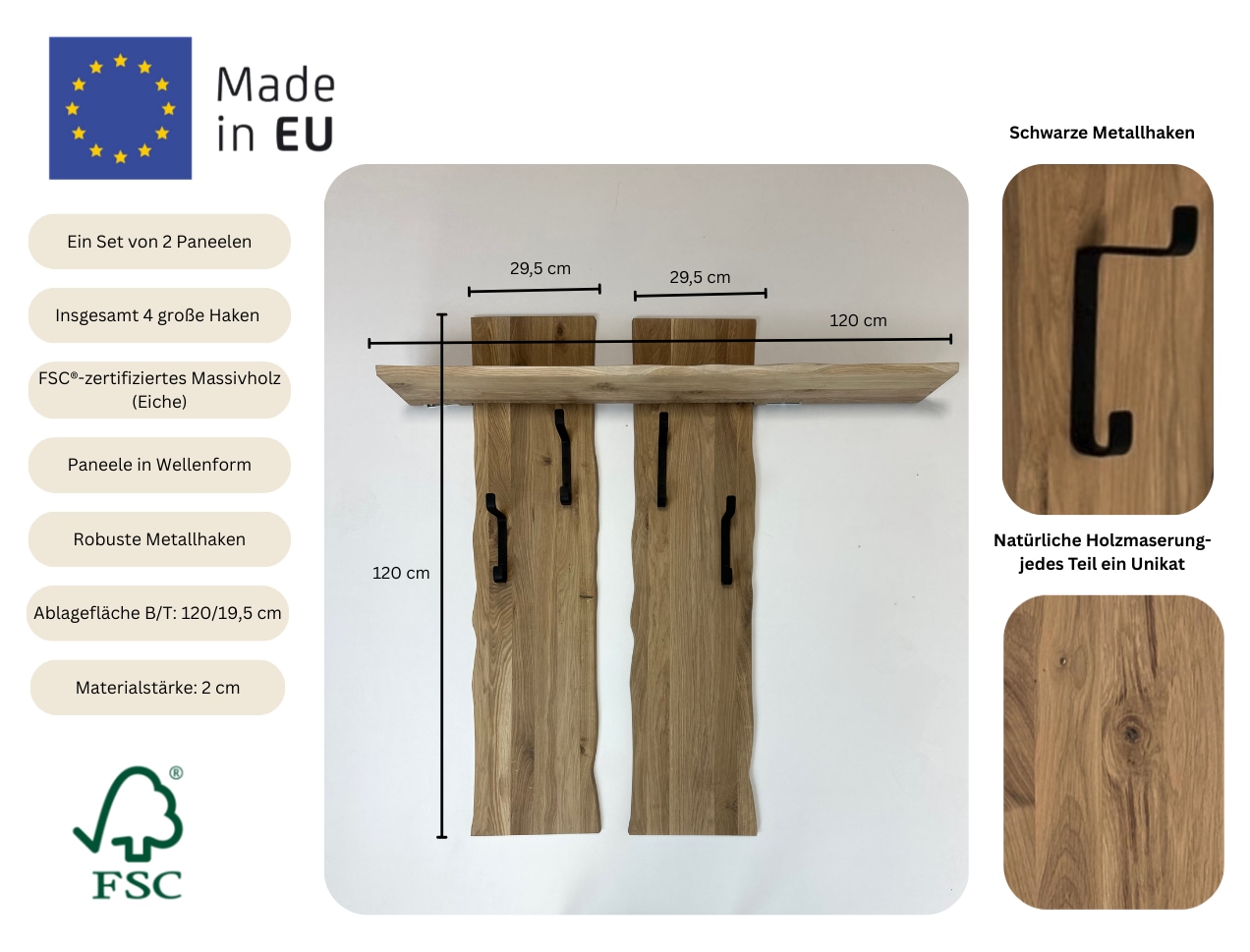 OTTO home Garderobenpaneel »Brodi« B/T/H: 160/20/17 cm,  aus massiver Eiche, FSC®-zertifiziert