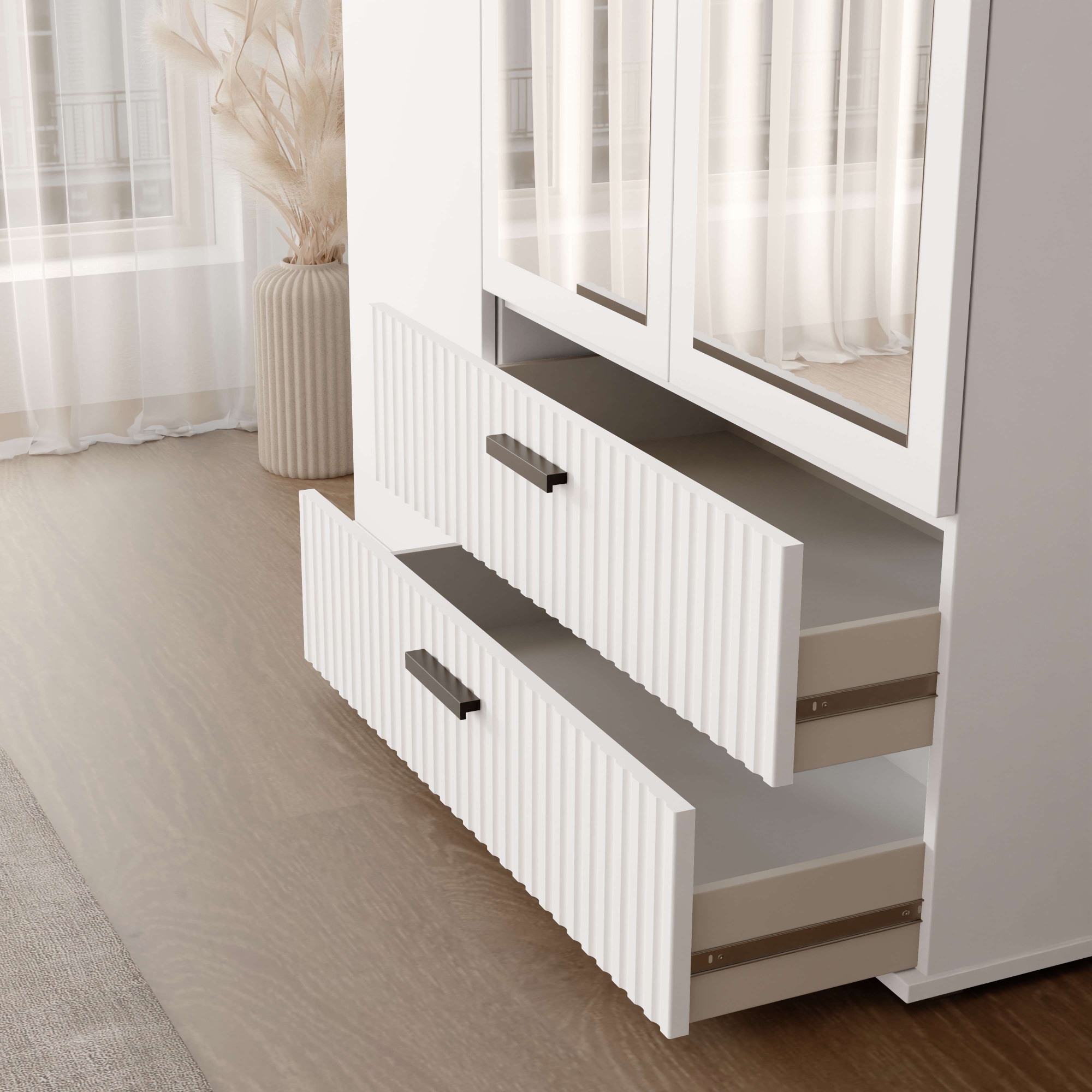 OTTO home Kleiderschrank »KOLLINE, modern mit viel Stauraum & geriffelter Struktur« H/B/T ca. 190/135/52cm,  Garderobe 4 Fächer, Kleiderstange, 2 Schubladen, 2 Spiegel