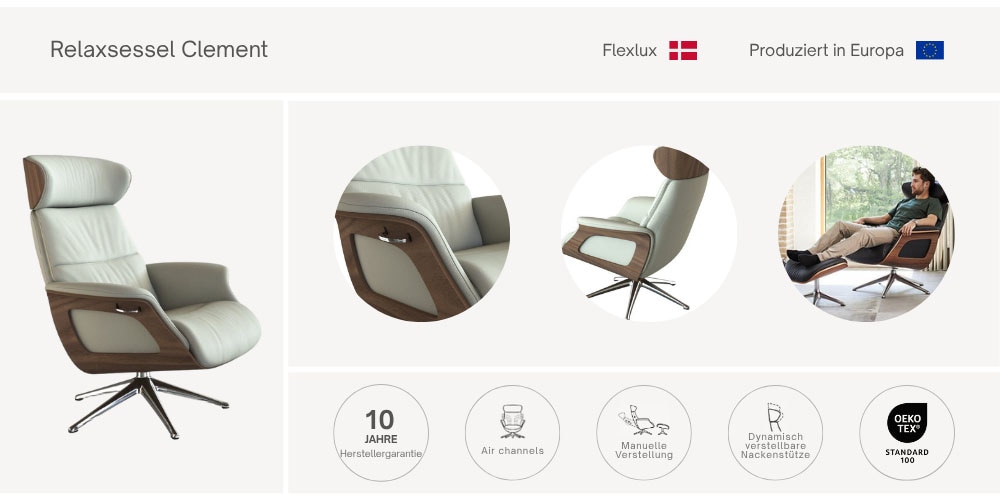 FLEXLUX Relaxsessel »Clement Rücken u. Kopfverstellung, ergonomisch, Airchannels«, Rücken- & Kopfteilverstellung, Drehbar, Armlehne Eiche, Fuß Alu