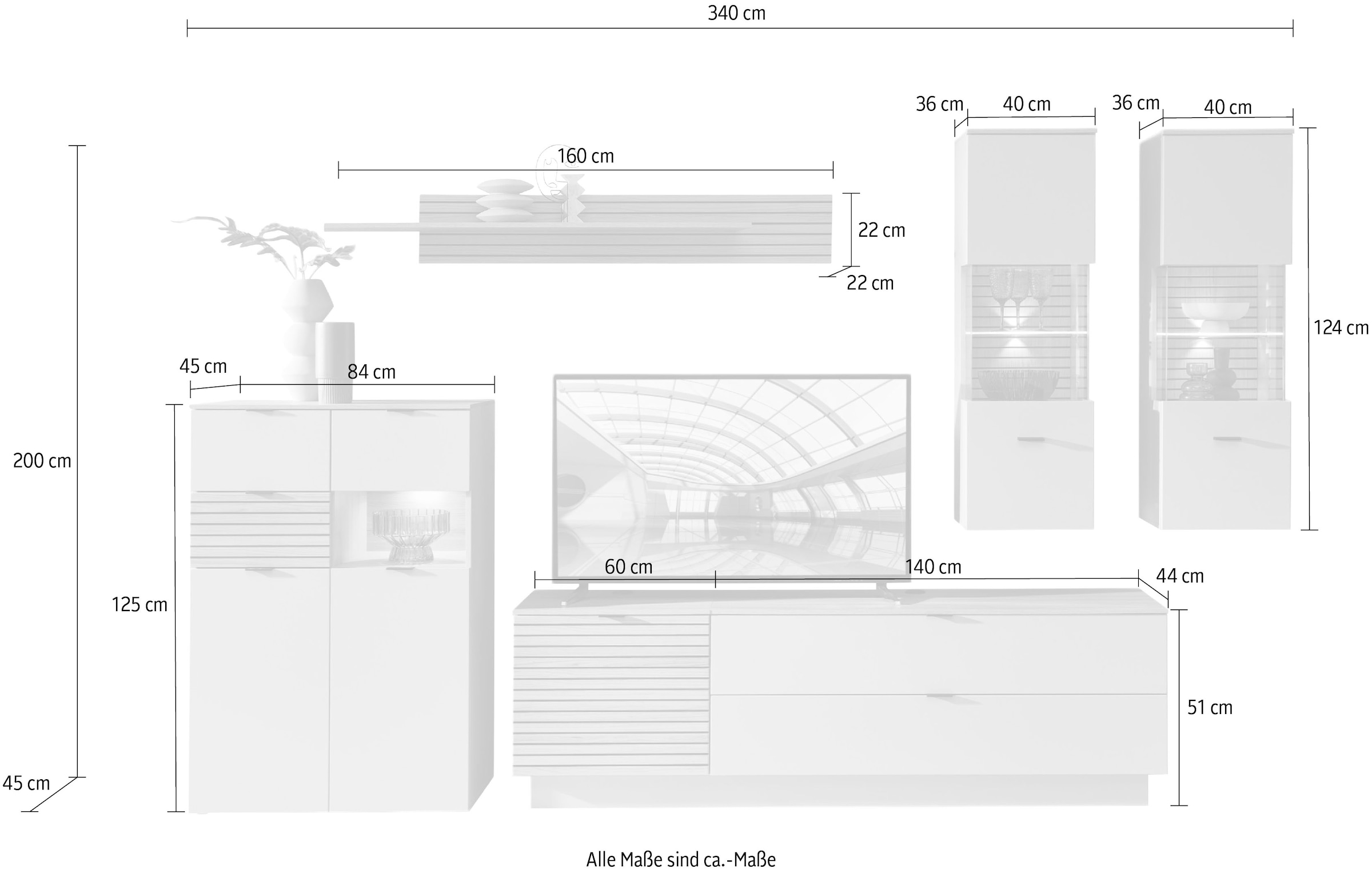 Innostyle Wohnwand »Ina Wohnwand, 340x200x44 cm (B/H/T)« 6 Stk. tlg.