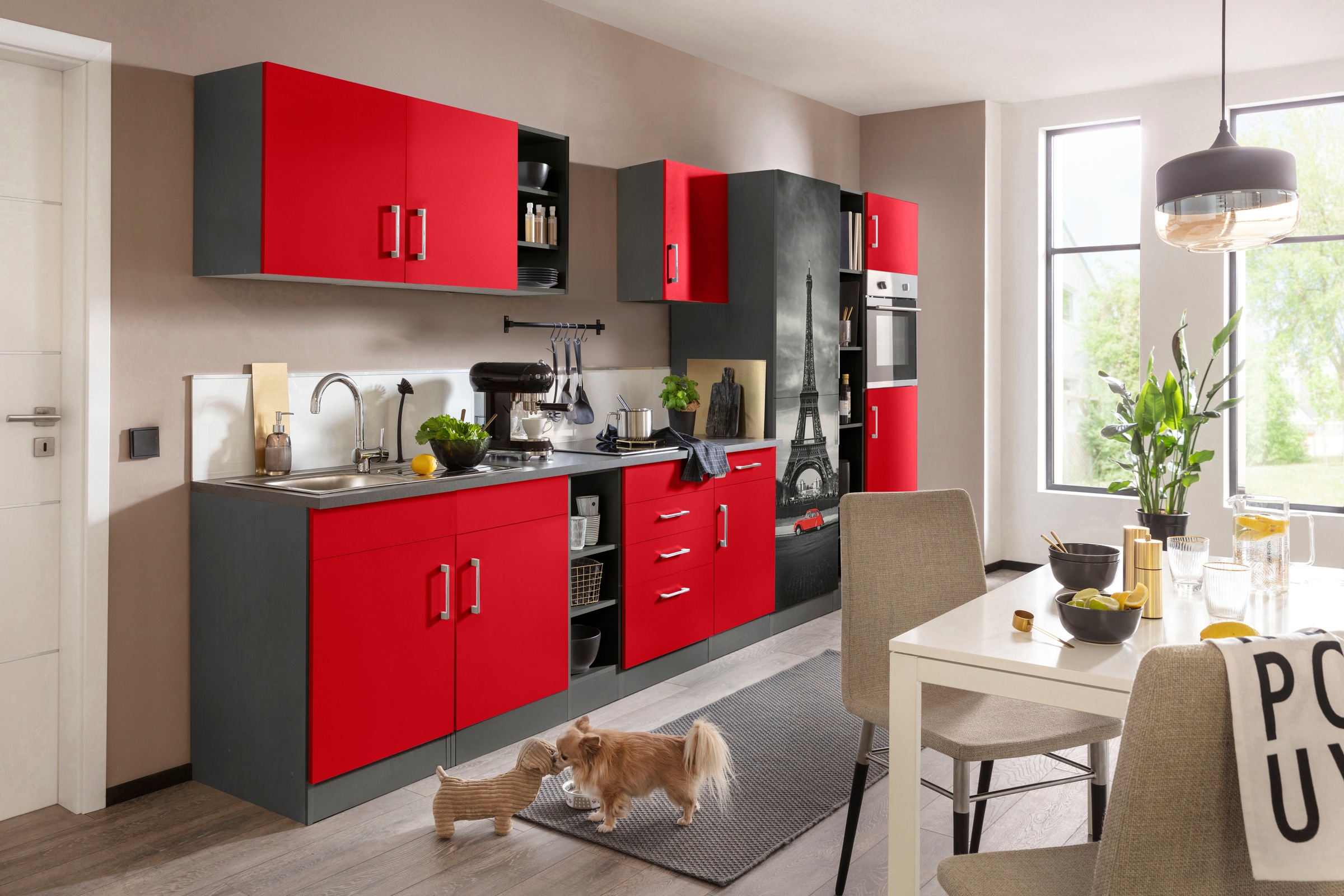KOCHSTATION Küchenzeile »KS-Paris – Küchen mit einzigartigen Fotomotiven auf den Fronten« Breite 390 cm, wahlweise mit E-Geräten und Induktion