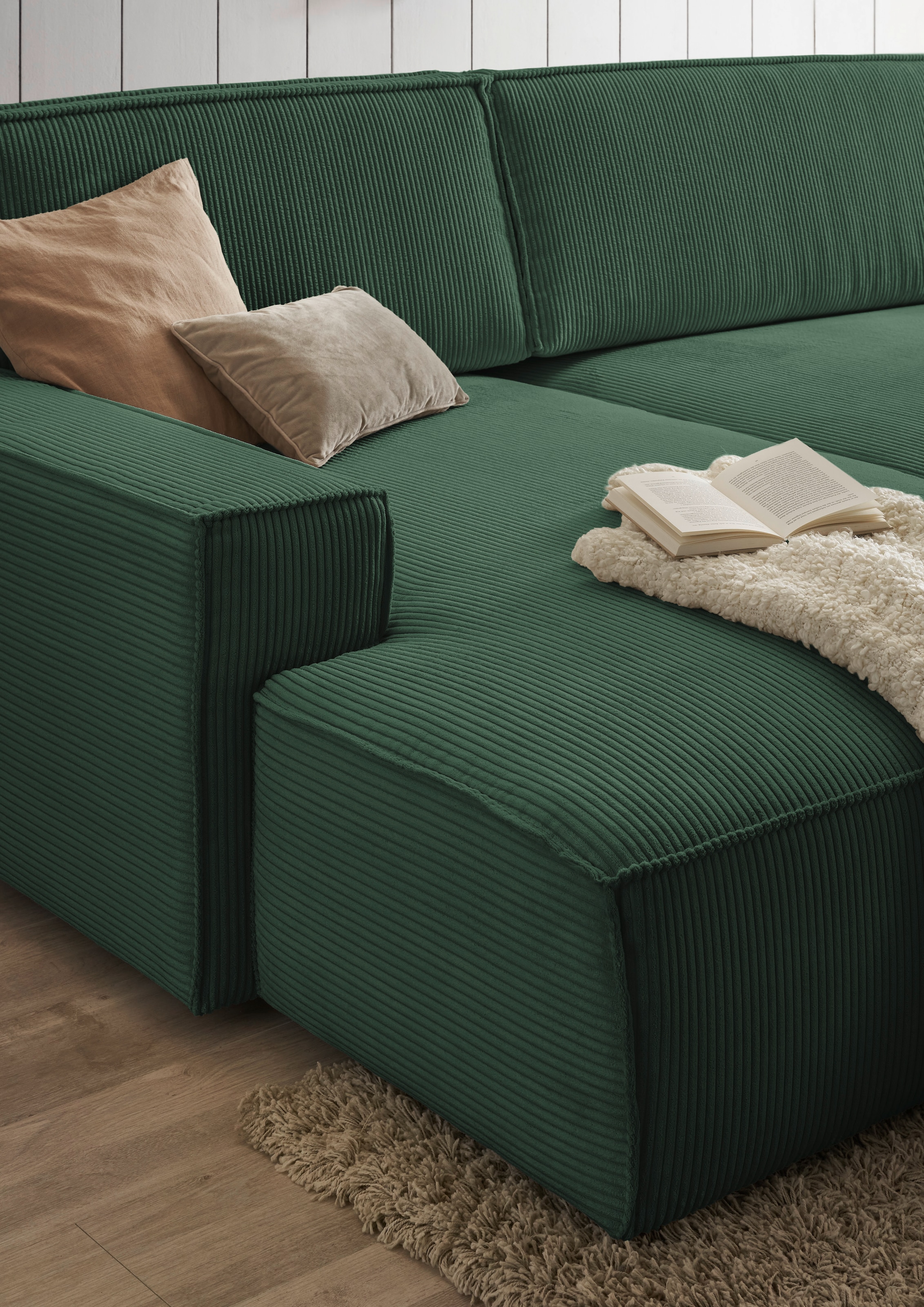 Home affaire Ecksofa »NEU: SHERWOOD XXL 284, Big-Sofa L-Form, tiefe Sitzfläche 95 cm, Cord«, Recamiere rechts/links, als Schlafsofa stellbar, Cord u. Leinenoptik