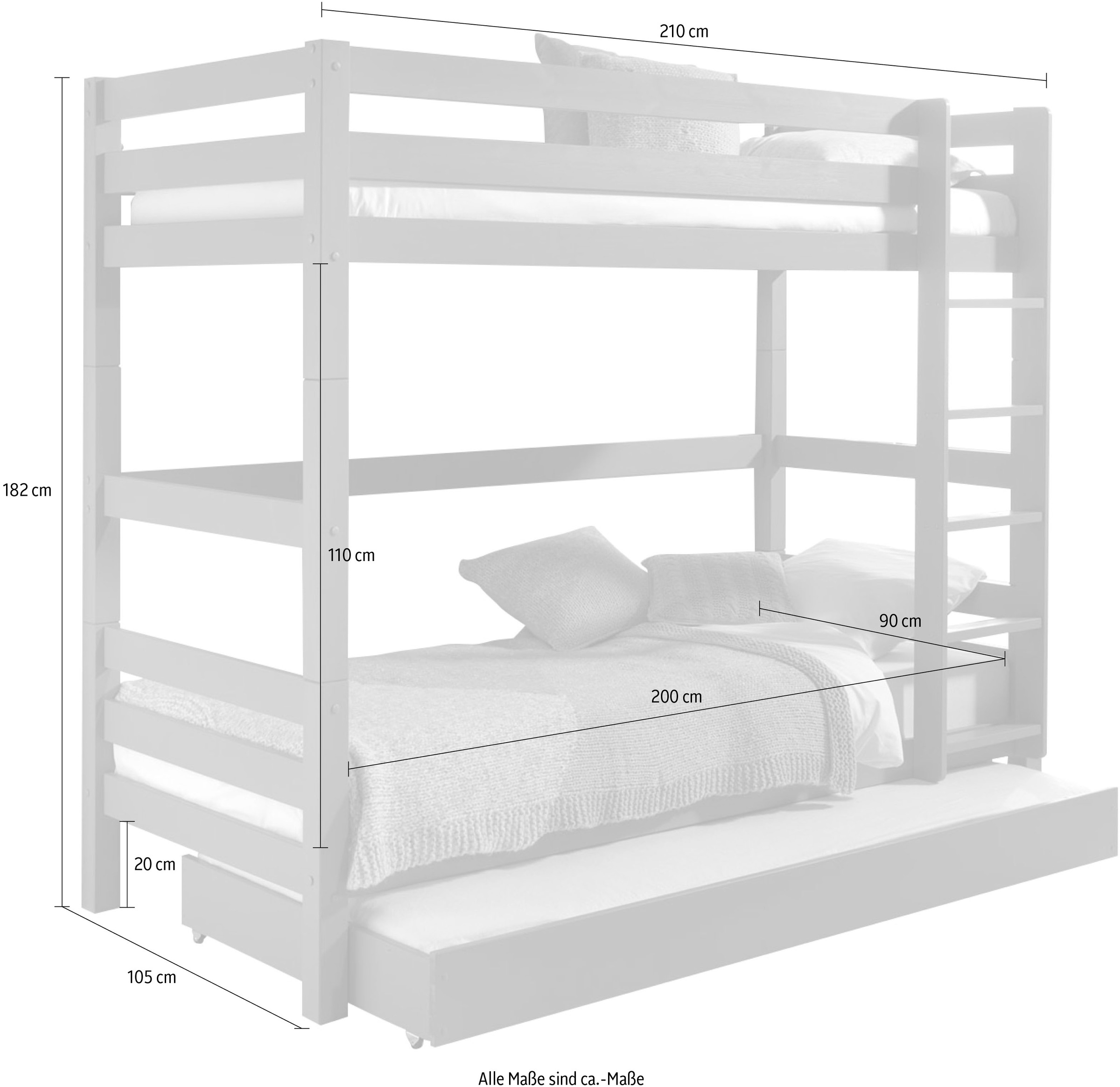 Vipack Etagenbett »Pino, inkl. Rolllattenrost, Leiter und Absturzschutz«, (B/H/T ca. 210x182x105cm, massiv Kiefer verschiedene Farben), wahlweise ohne Schublade, mit 1 großen, 2 kleinen Bettschubladen