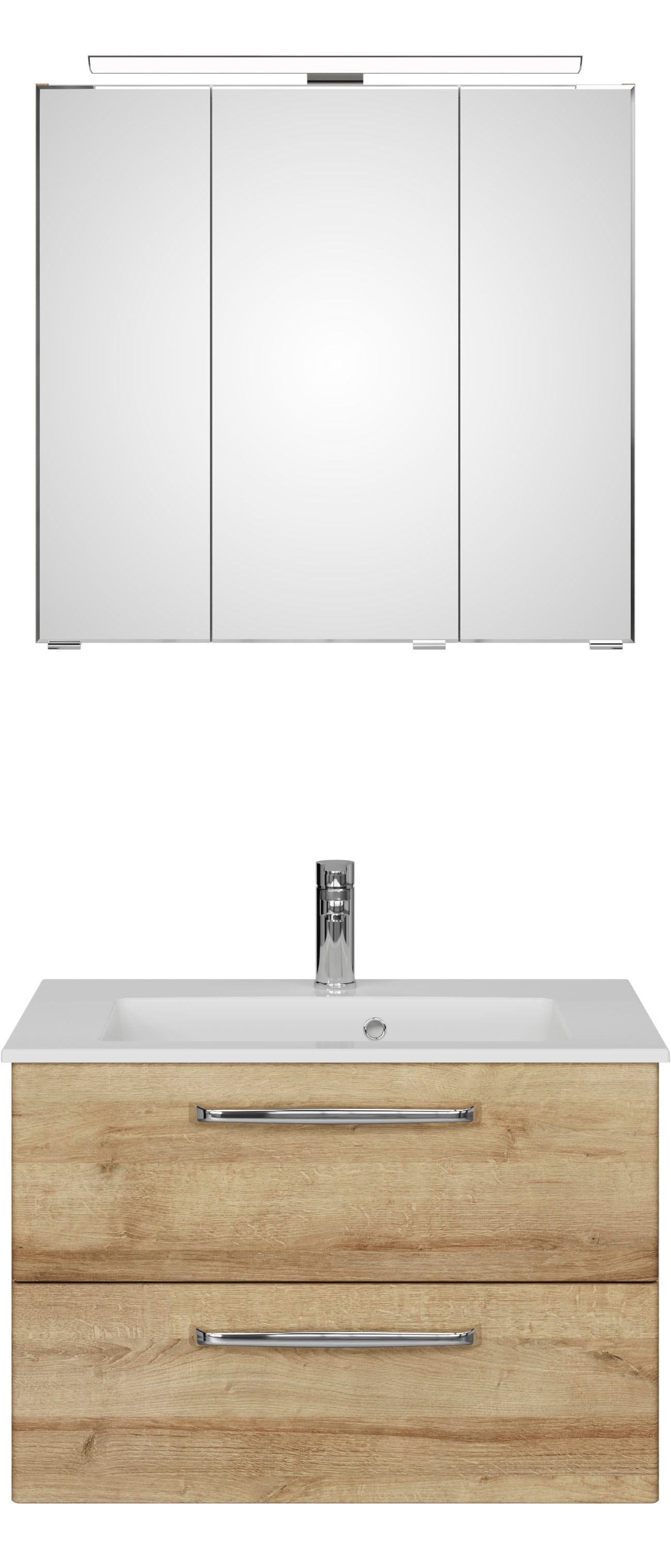 Saphir Badmöbel-Set »Trentino 2-tlg Mineralmarmor-Waschtisch,Spiegelschrank mit LED-Leuchte«, (3 St.), Badmöbel-Set 77cm breit, inkl. Türdämpfer, 3 Türen, 2 Auszügen
