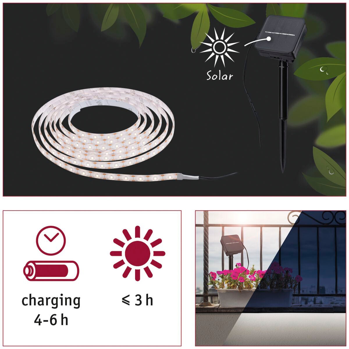 Paulmann LED-Streifen »Solar mit Dämmerungssensor IP44 3m 2700K 0,3W Schwarz«, 1 St.-flammig