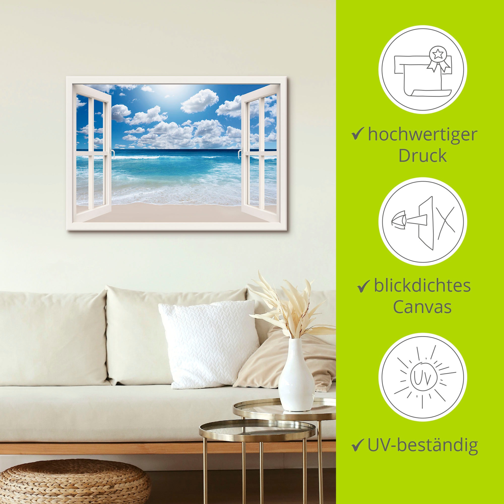 Artland Wandbild »Fensterblick Großartige Strandlandschaft«, Fensterblick, (1 St.), als Leinwandbild, Poster, Wandaufkleber in verschied. Größen