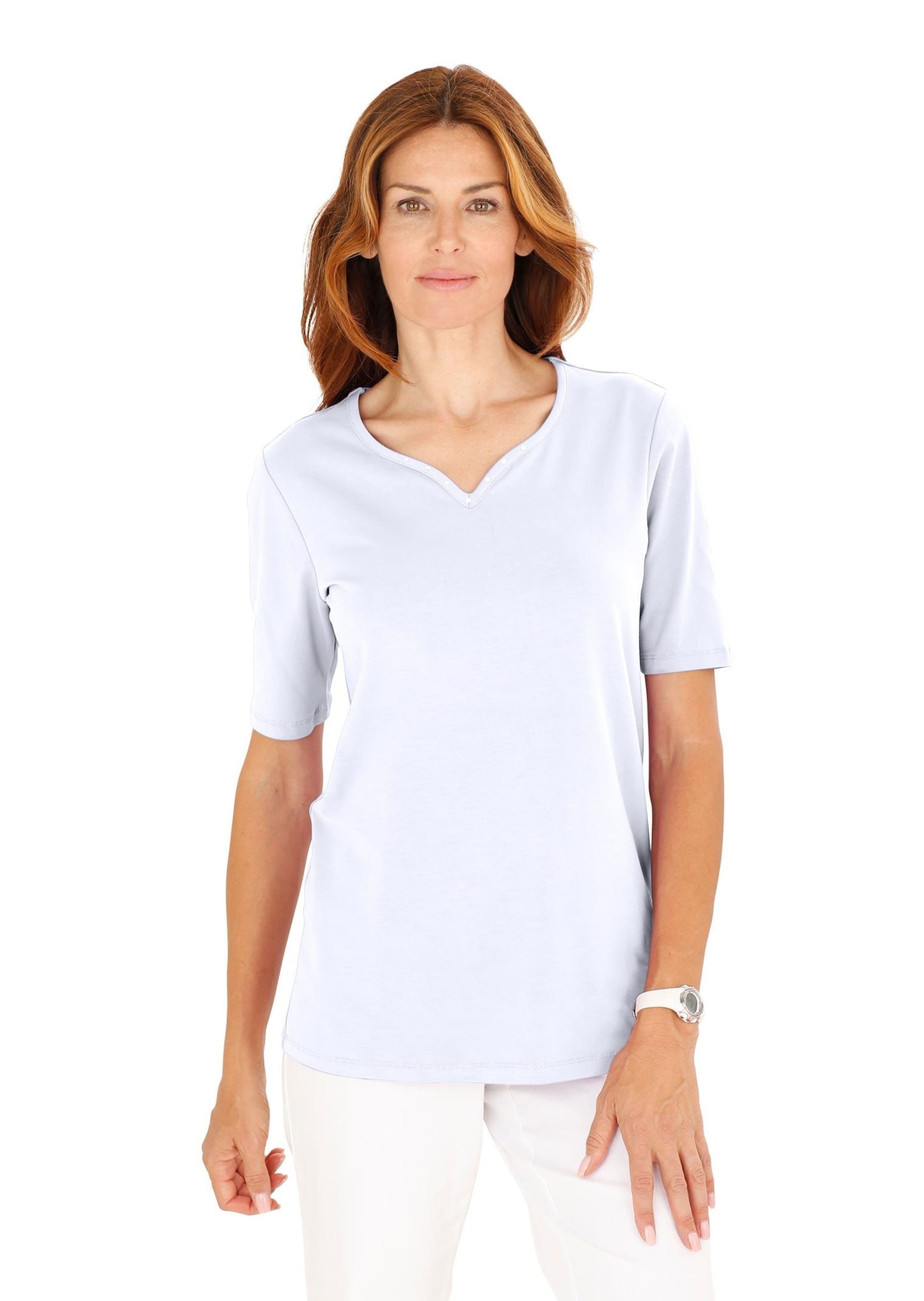 GOLDNER Langarm-Poloshirt »T-Shirt mit charmantem Ausschnitt und Schmucksteinchen«