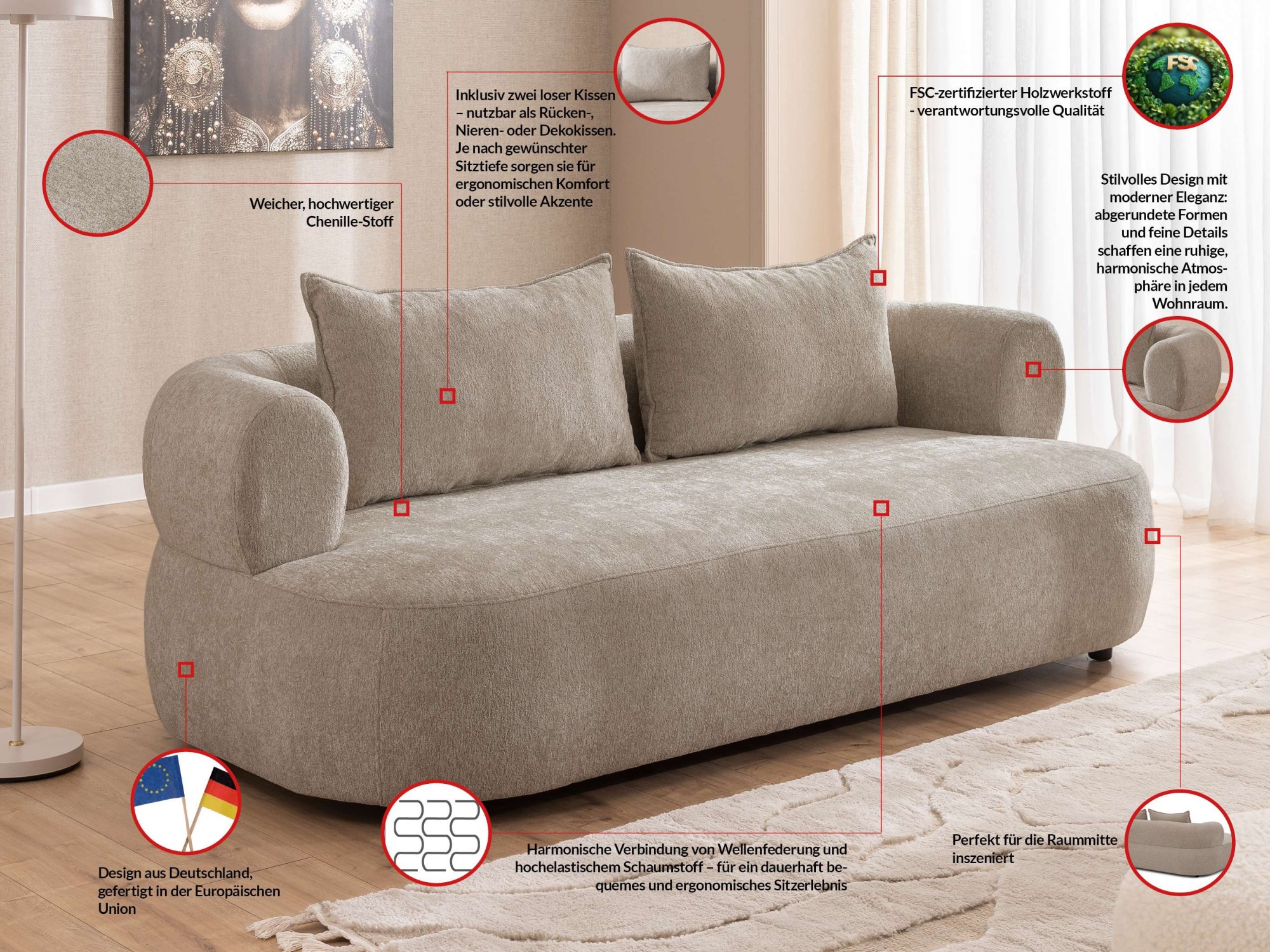 Home affaire 3-Sitzer »LUSSAC 3-Sitzer Design-Sofa mit Zierkissen, Maße B/T/H: 202/123/78 cm« hoher Sitzkomfort und modernes Design, Sofa ohne Bettfunktion