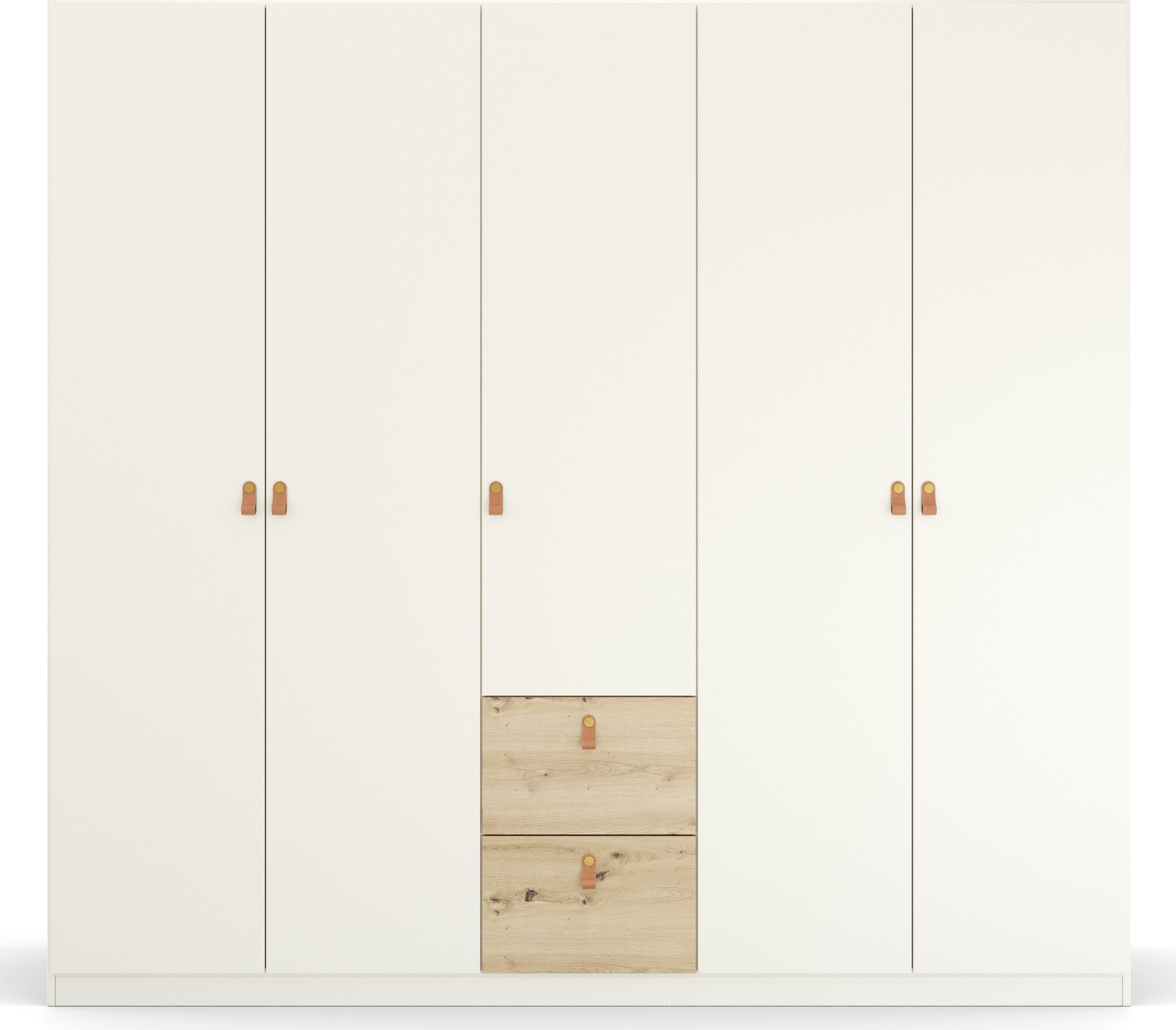 rauch Drehtürenschrank »Homey by Quadra Spin«, mit cognacbraunen Ledergrifflaschen, Schubladen in Eichen-Dekor