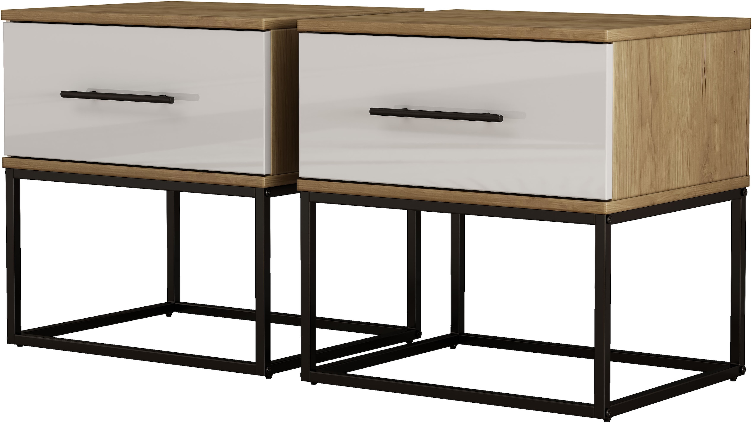 OTTO home Nachtkommode »Lucca Nachttisch Set mit Metallkufen und schwarzen Griffen« Set, 2 Schränke im Set , Hochglanz Fronten in weiß,  Nchttisch Set mit je einer Schublade in Loft Design