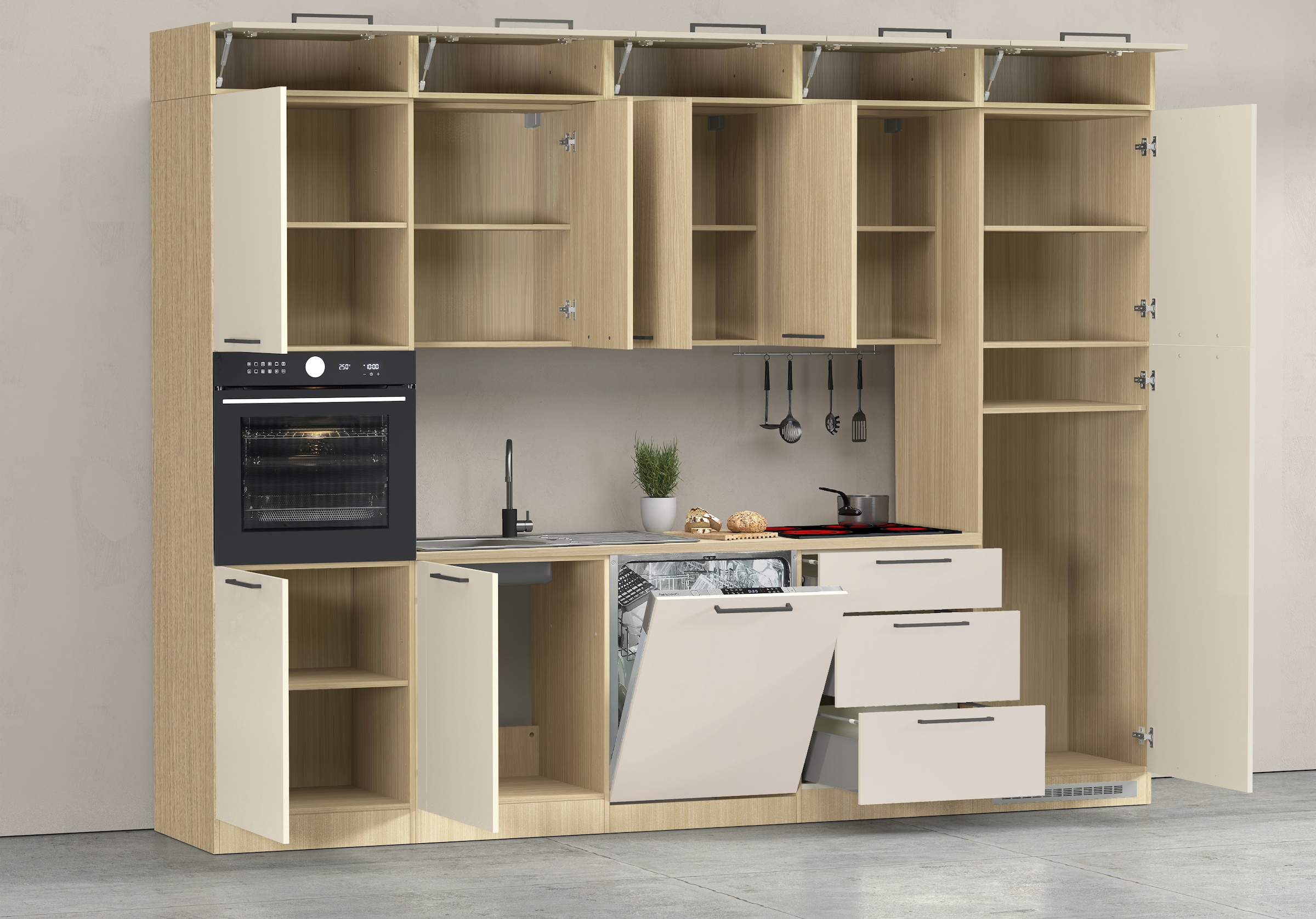 KOCHSTATION Küchenzeile »Luna, Einbauküche, Zeilenküche, mit Soft-Close Funktion, Made in Italy« Breite 300 cm ohne E-Geräte, mit Spüle+Siphon und Aufsatz