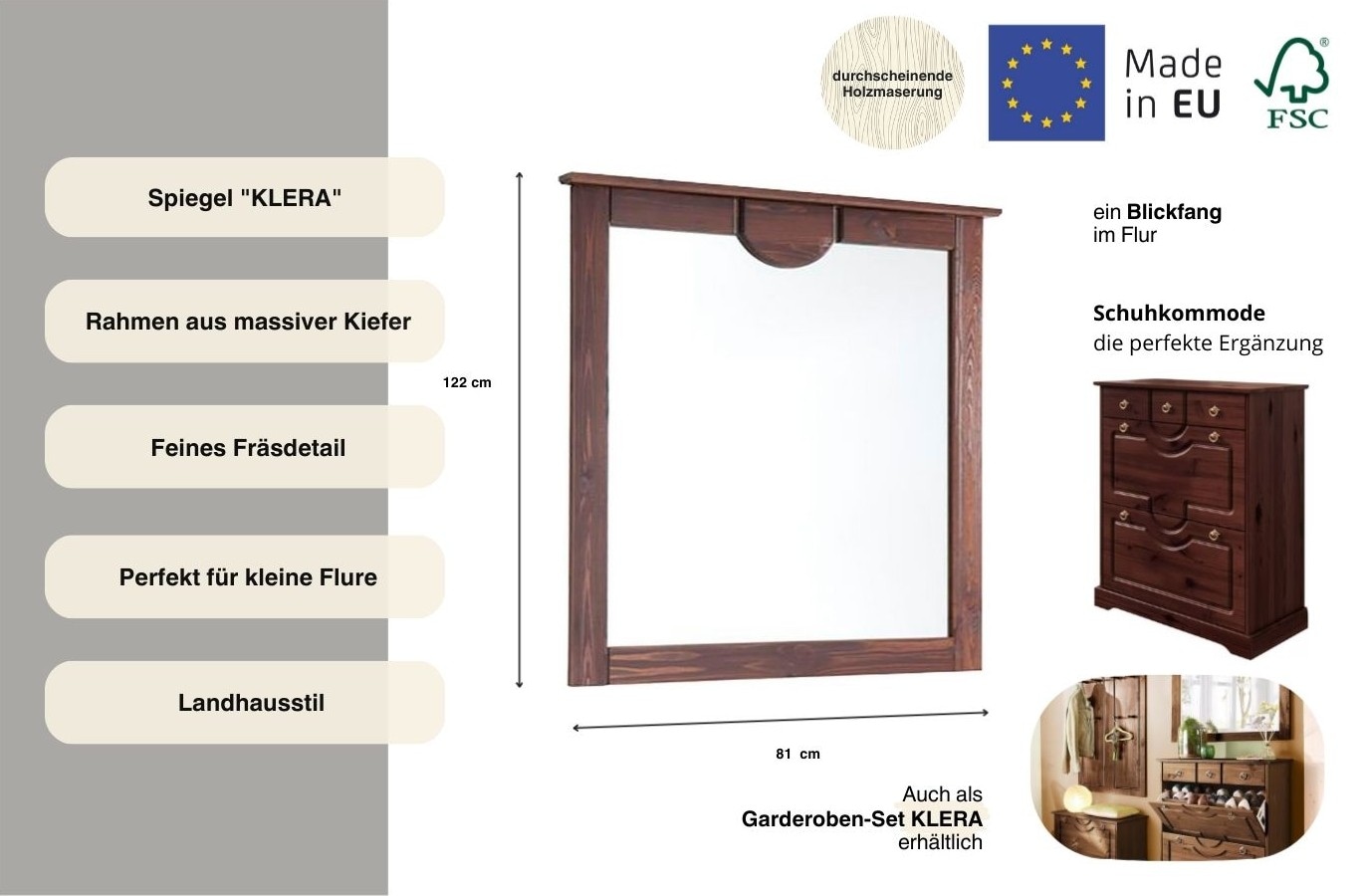 Home affaire Spiegel »Klera« Breite 81 cm, aus massiver Kiefer, FSC®-zertifiziert