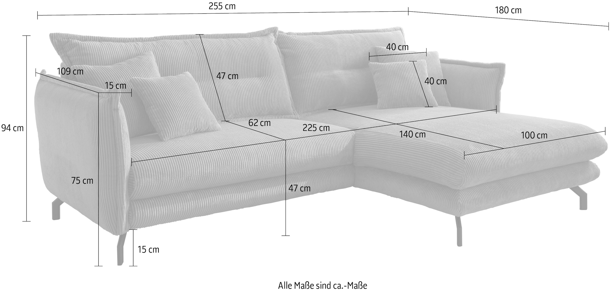 Home affaire Ecksofa »LAVA Breite 255 cm, modern und elegant, aktuelle Kissenoptik, L-Form« Armlehnen verstellbar