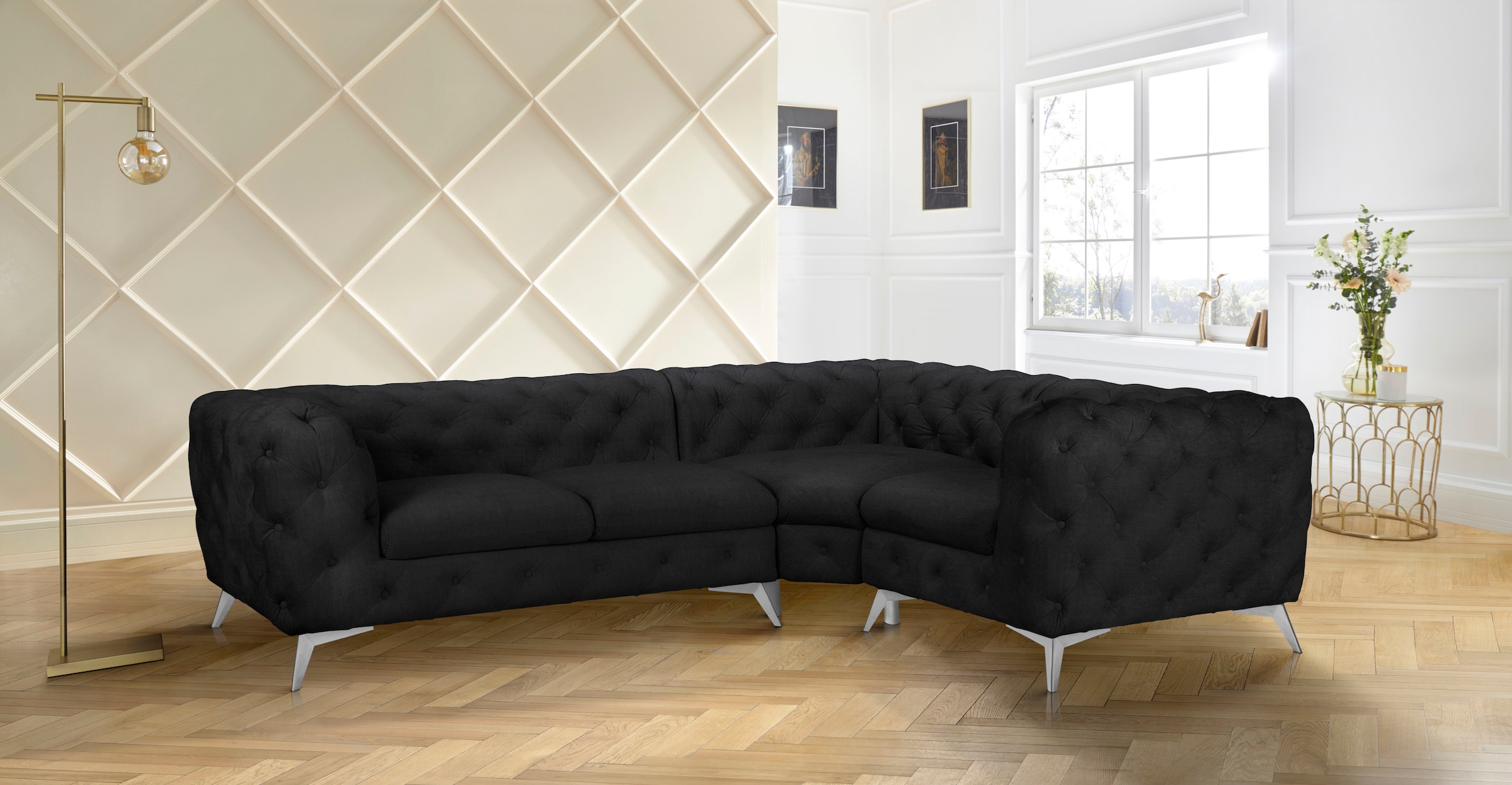 Home affaire Chesterfield-Sofa »Ecksofa GLYNIS L-Form mit Wellenunterfederung, Maße B/T/H 264/204/75cm« aufwändige Knopfheftung, moderne Chesterfield Optik, Fußfarbe wählbar