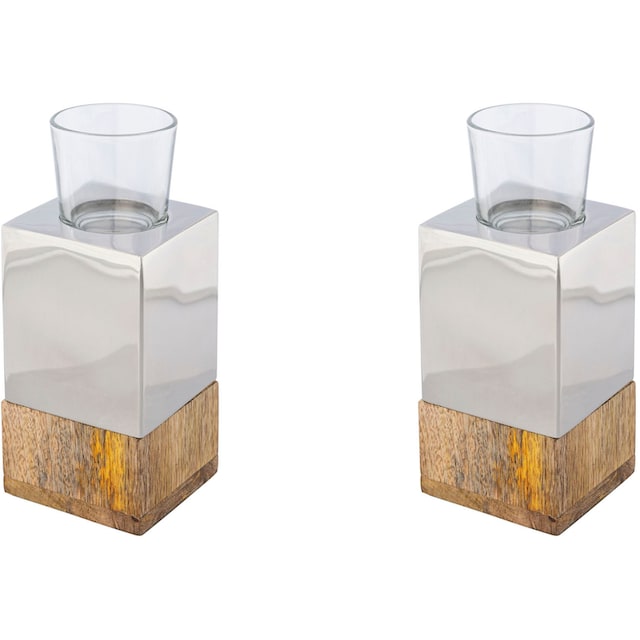 Creativ home Teelichthalter »Kerzenhalter Tower«, (Set, 2 St.), aus Holz,  Edelstahl und Glas bei OTTO