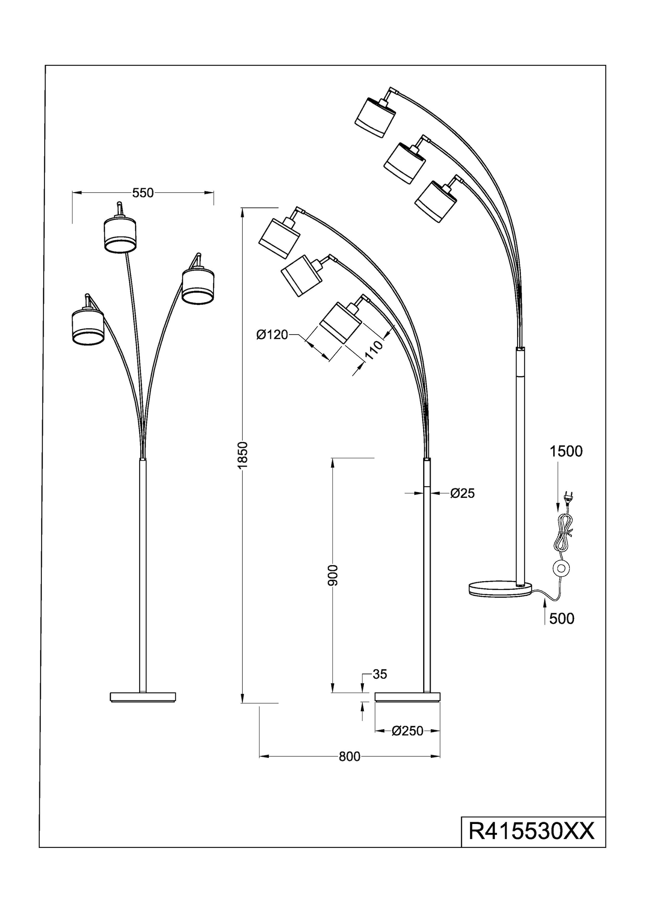 REALITY Leuchten Stehlampe »DAVOS, Stehleuchte 3-flammig exkl 3xE14 max 28W Fußschalter 185cm hoch«, 3 flammig, Leuchtmittel E14 | Leuchtmittel wechselbar, Stehlampe Metall mit 2-farbigen Stoffschirmen Bogenlampe Bogenleuchte