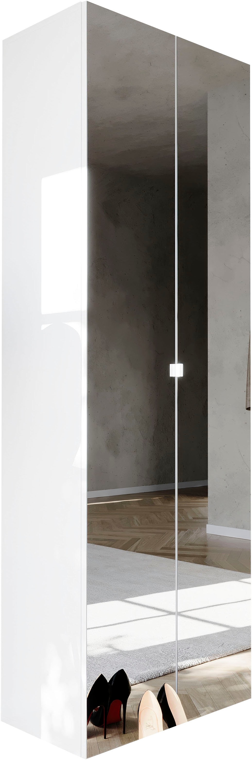 INOSIGN Schuhschrank »SMILE Höhe 184 cm, Weiß Hochglanz lackiert mit 2 Spiegeltüren,«, Schuhregal mit 7 Ebenen, Metallgriff, viel Stauraum, 4 Böden variabel