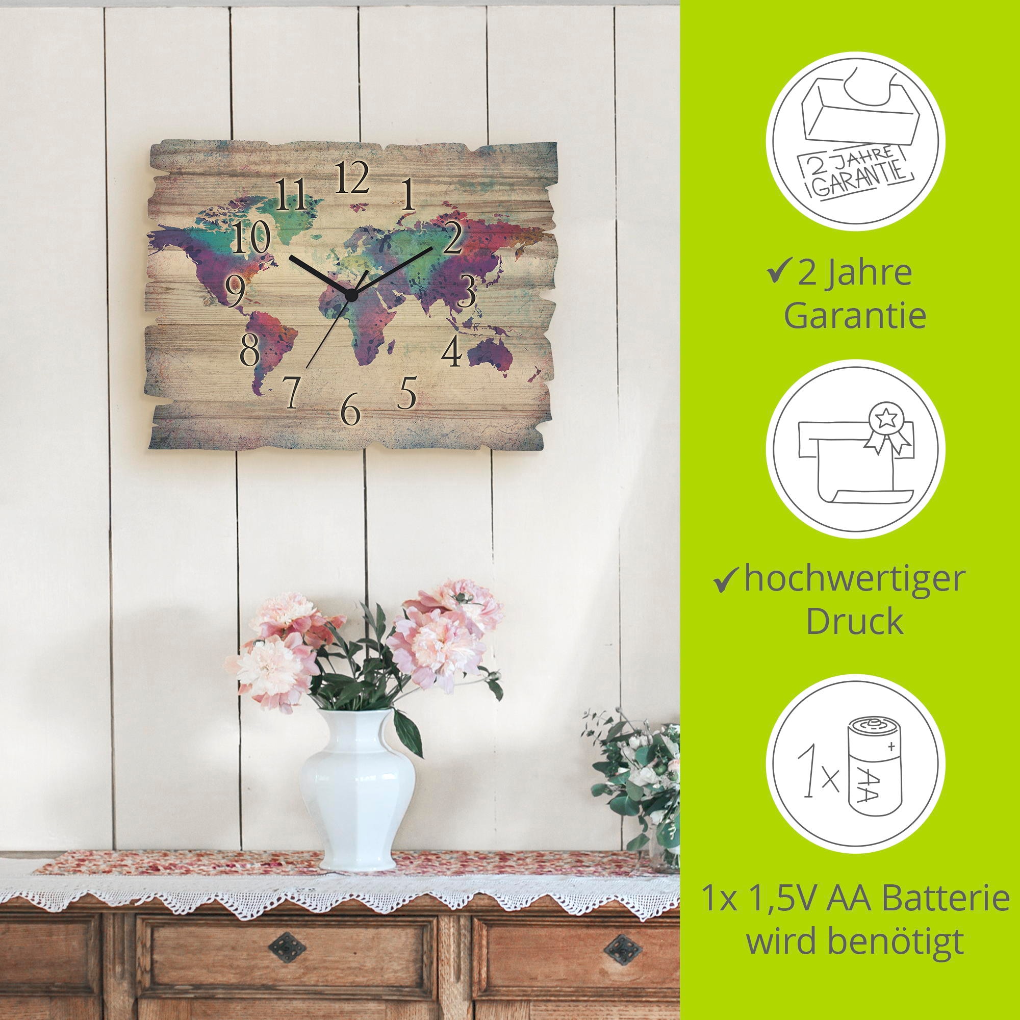 Artland Wanduhr »Holzuhr bunte Weltkarte« wahlweise mit Quarz- oder Funkuhrwerk, lautlos ohne Tickgeräusche