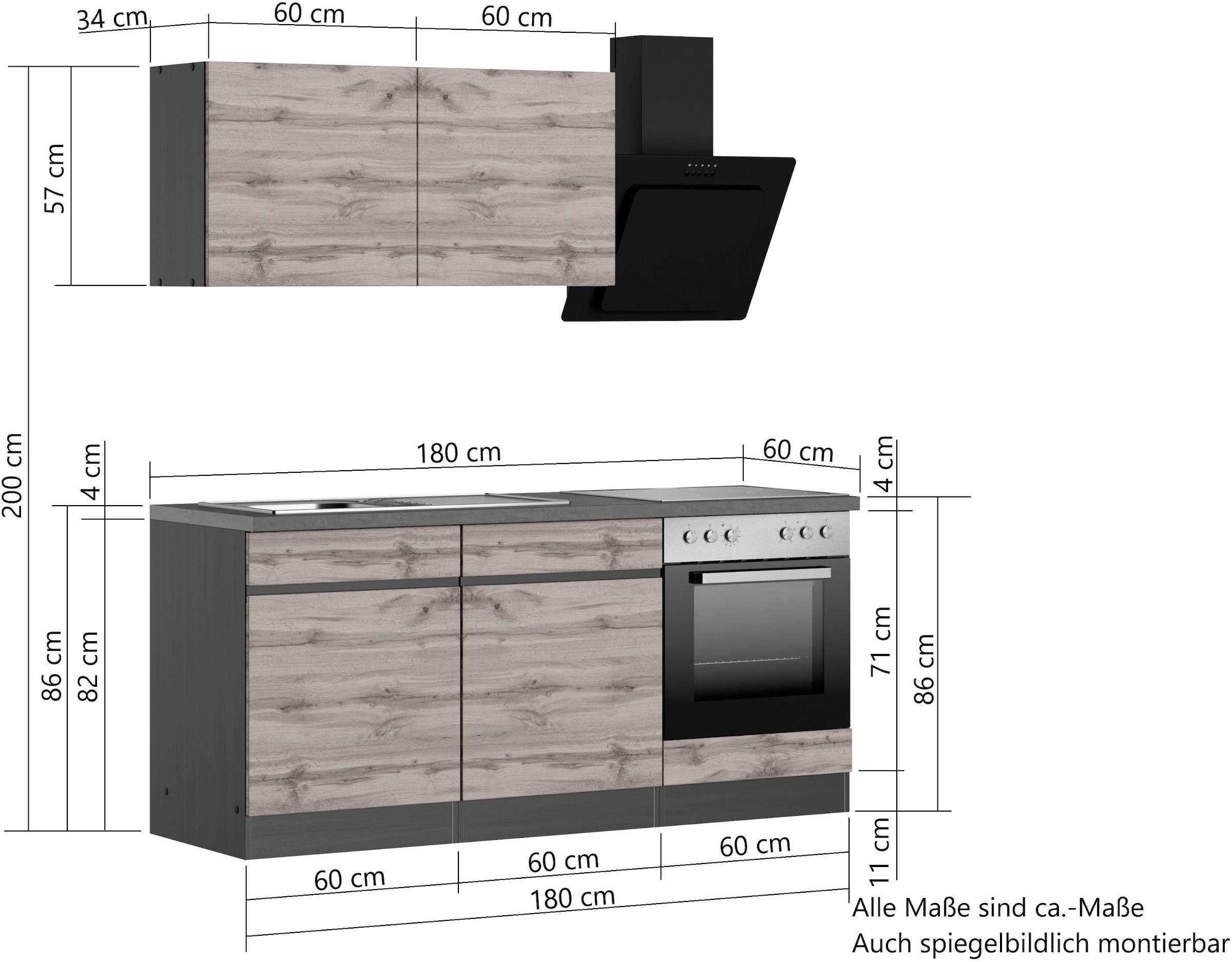 KOCHSTATION Küchenzeile »KS-Riesa« Stellbreite 180 cm, wahlweise mit oder ohne E-Geräte