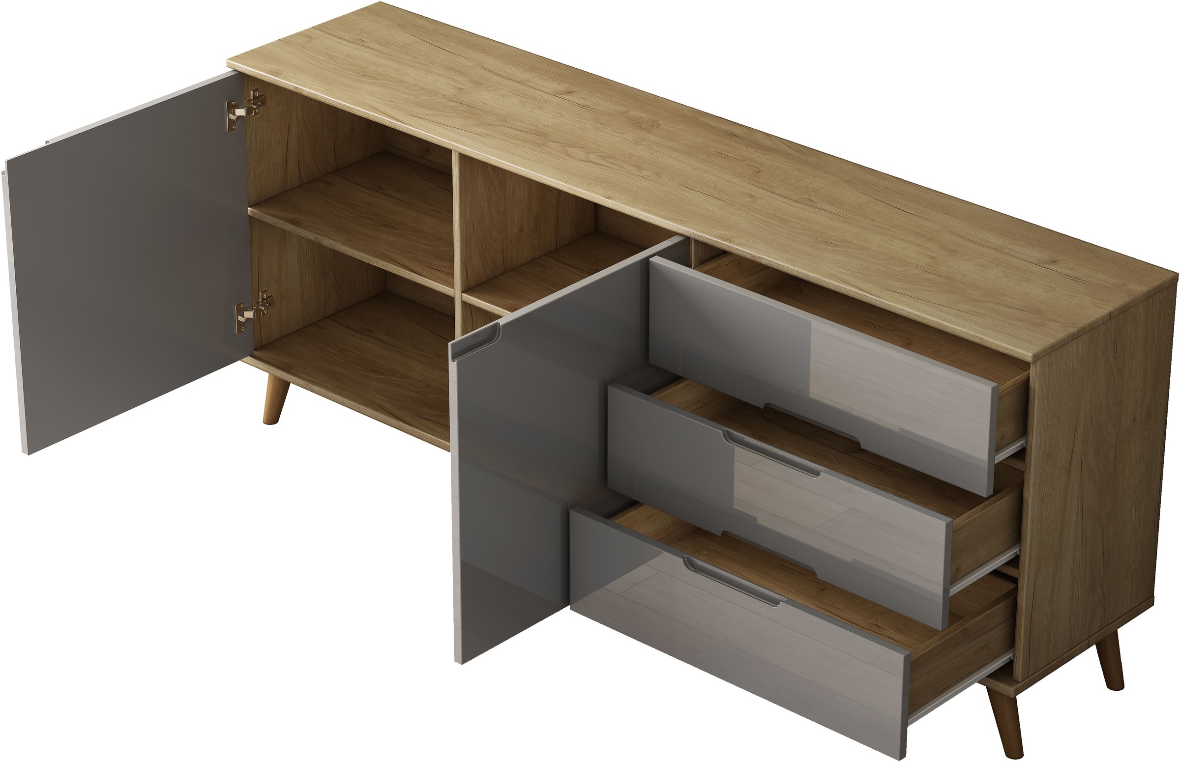 OTTO home Sideboard »Lund« mit glänzenden Fronten, Griffmulden, helles Holzdekor, Breite 180 cm