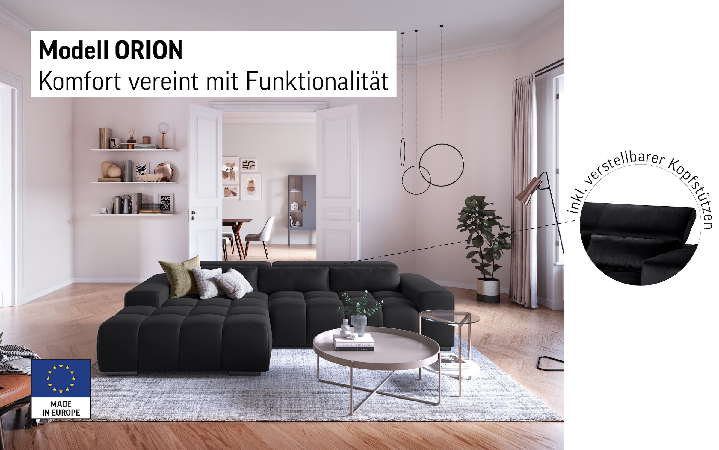 COTTA Ecksofa »Orion L-Form«, mit Recamiere, inkl. verstellbaren Kopfstützen und 3 Kissen