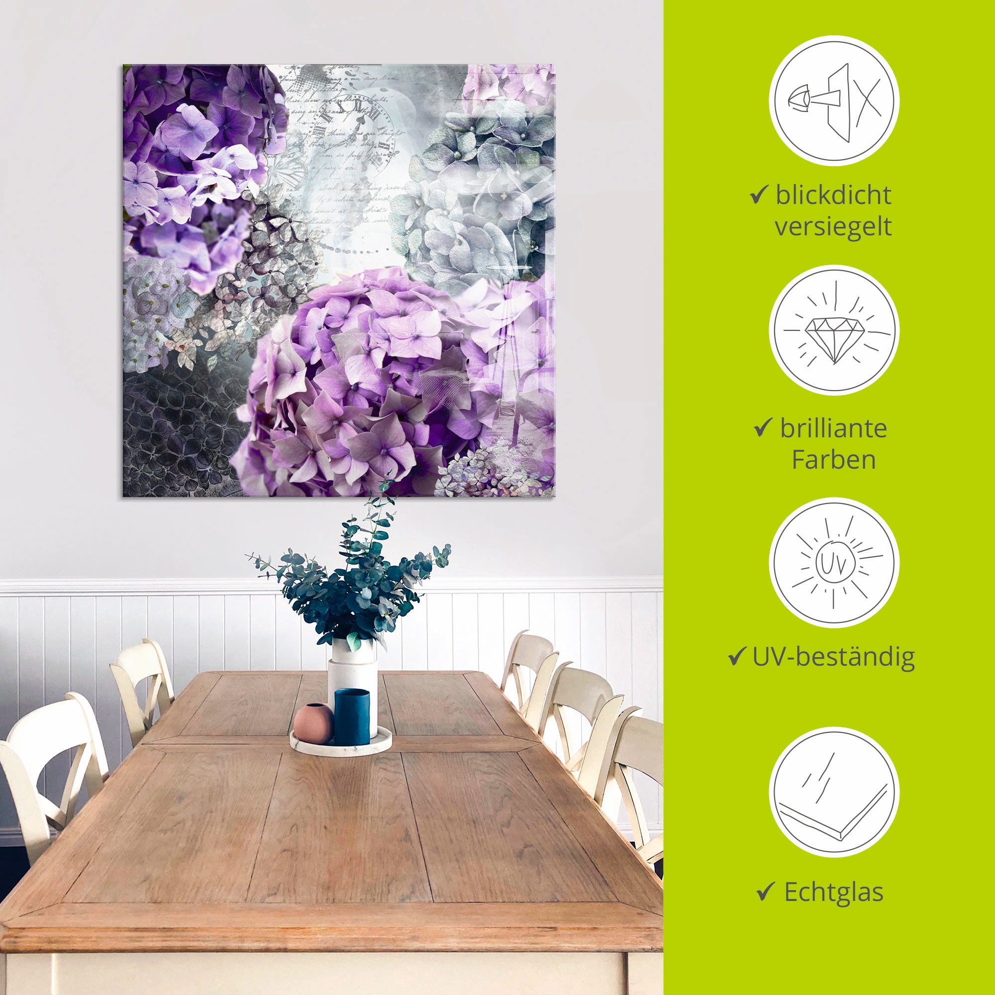 Artland Glasbild »Blau und Grau Hortensie«, Blumen, (1 St.), in verschiedenen Größen
