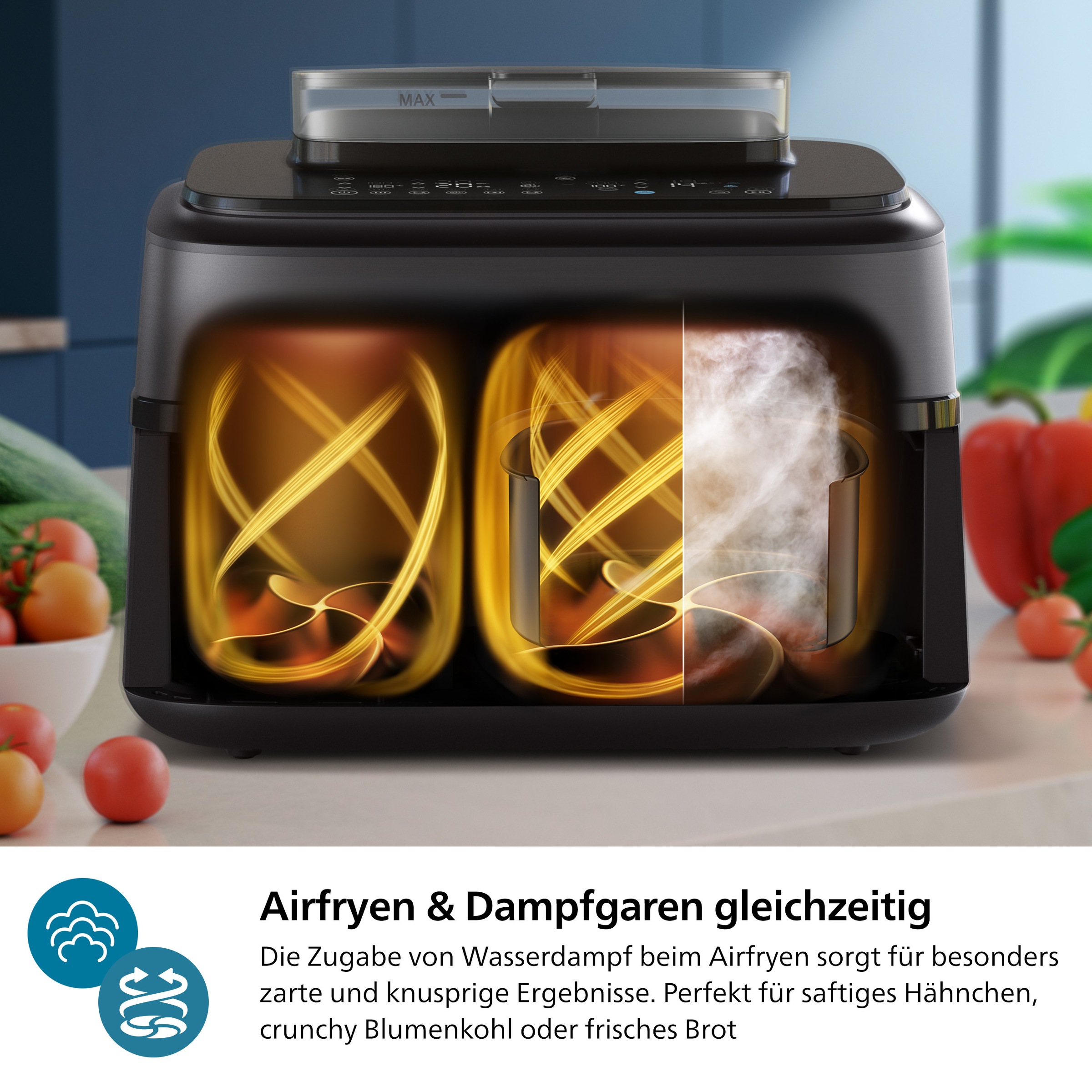 Philips Heißluftfritteuse »NA552/00 Steam Airfryer 5000 Series Dual Basket 9L Kapazität (3L+6L)«, 2750 W, mit Dampfgar-Funktion; Schwarz/Kupfer