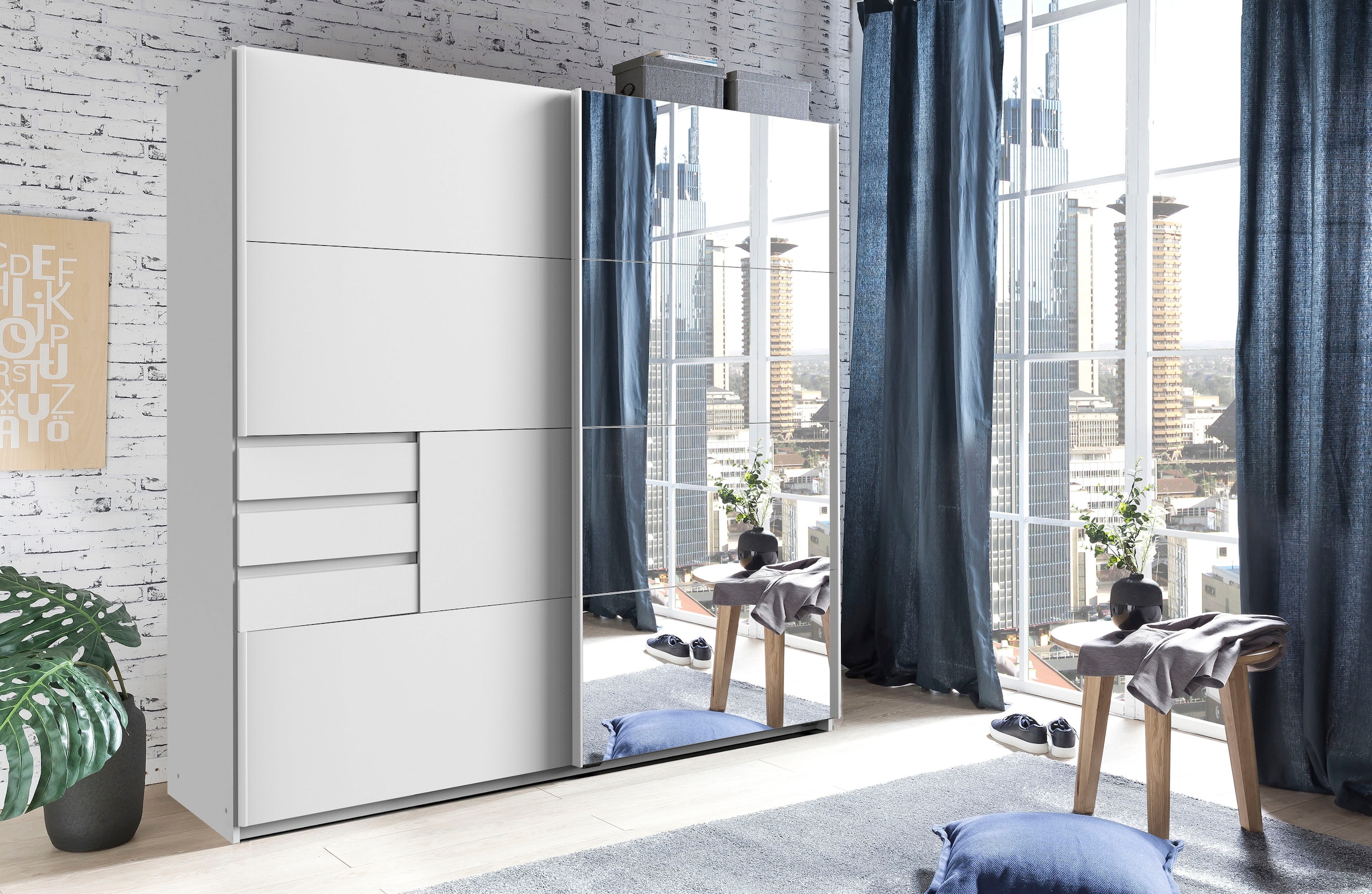 Wimex Schwebetürenschrank »Oldenburg, Kleiderschrank mit Spiegel in weiß, 3 Schubladen«, (B/T/H: 180/64/198cm, inklusive geräumigen Innenleben, Made in Germany), mit Spiegel