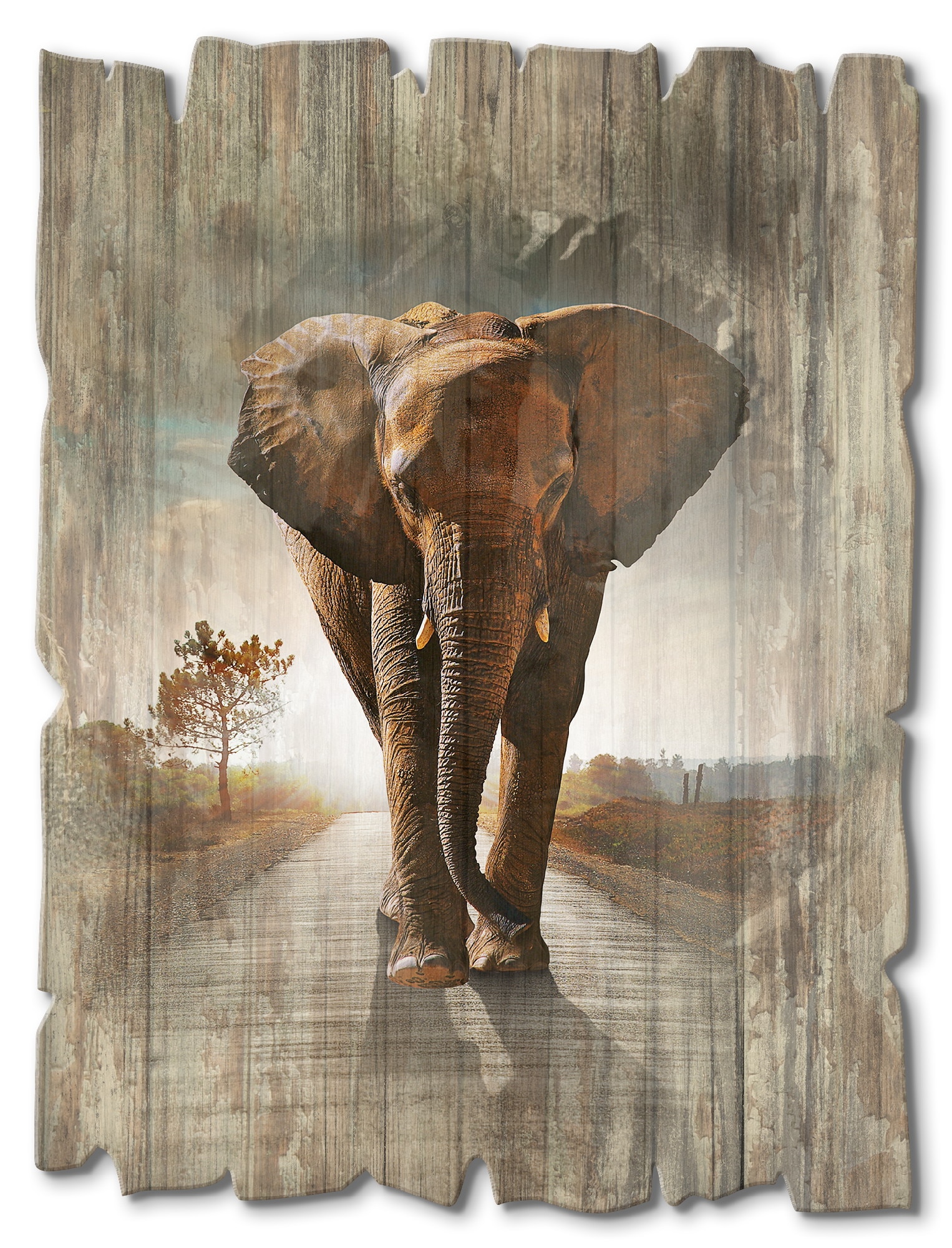 Artland Holzbild »Ein Elefant läuft auf der Straße«, Wildtiere, (1 St.)