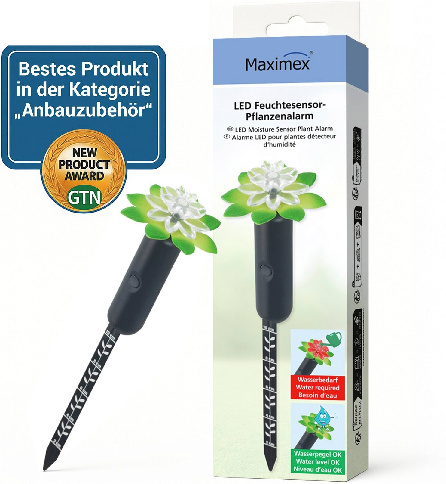 Maximex Pflanzenlampe »Modell Pflanzen-Alarm« Farbwechsler LED Boden-Feuchtigkeitsmesser für Pflanzen mit Ampelsystem