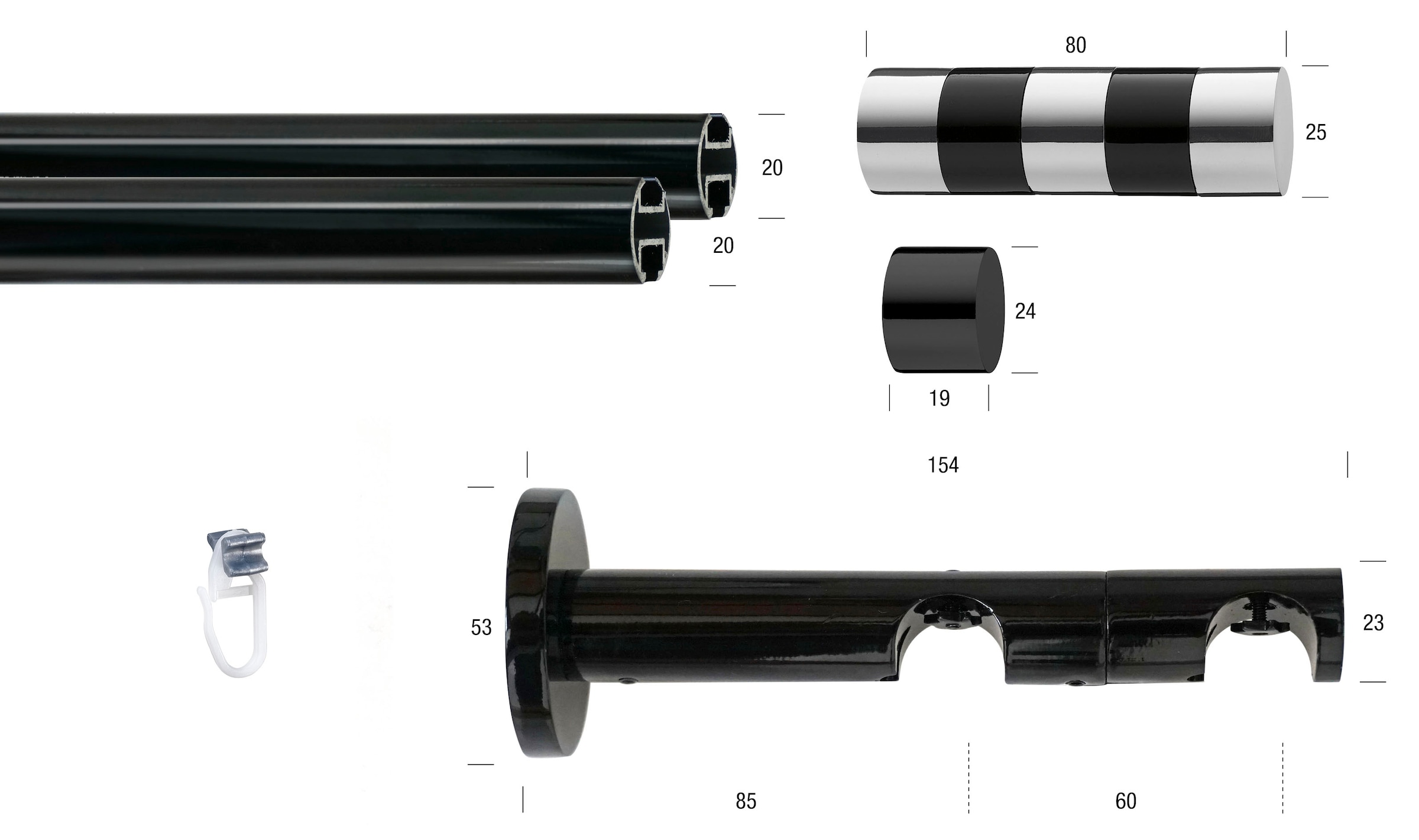 GARESA Gardinenstange »BLACK«, | 2 läufig-läufig, OTTO Knopf verlängerbar, Innenlauf, Wunschmaßlänge, 2-farbig abgeschrägt Vorhanggarnitur