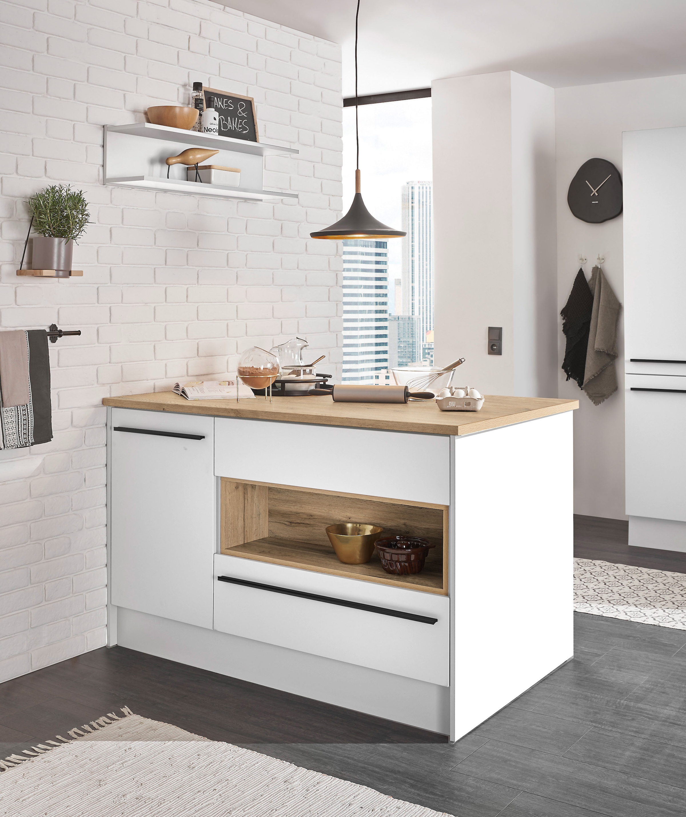 BASIC by Balculina Kücheninsel »Denver, Kochinsel + Küchenregal BxHxT 145 x 90 x 90/BxHxT 90x22x21« Breite 145 cm, mit Tür, Schubkasten, Klappe und offenem Fach