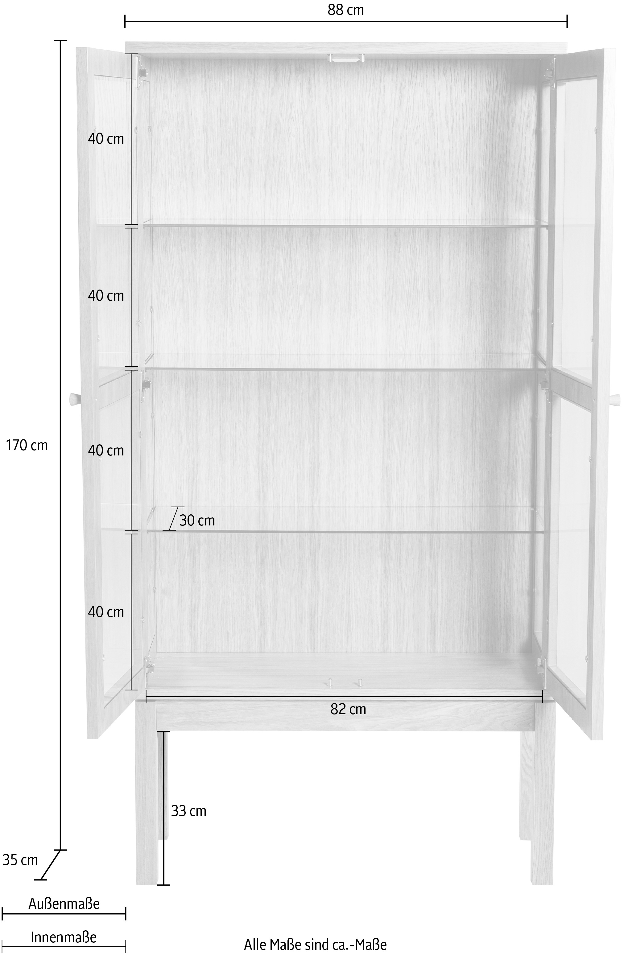 andas Vitrine, Holzfurnier aus Eiche, Griffe und Füße aus massiver Eiche