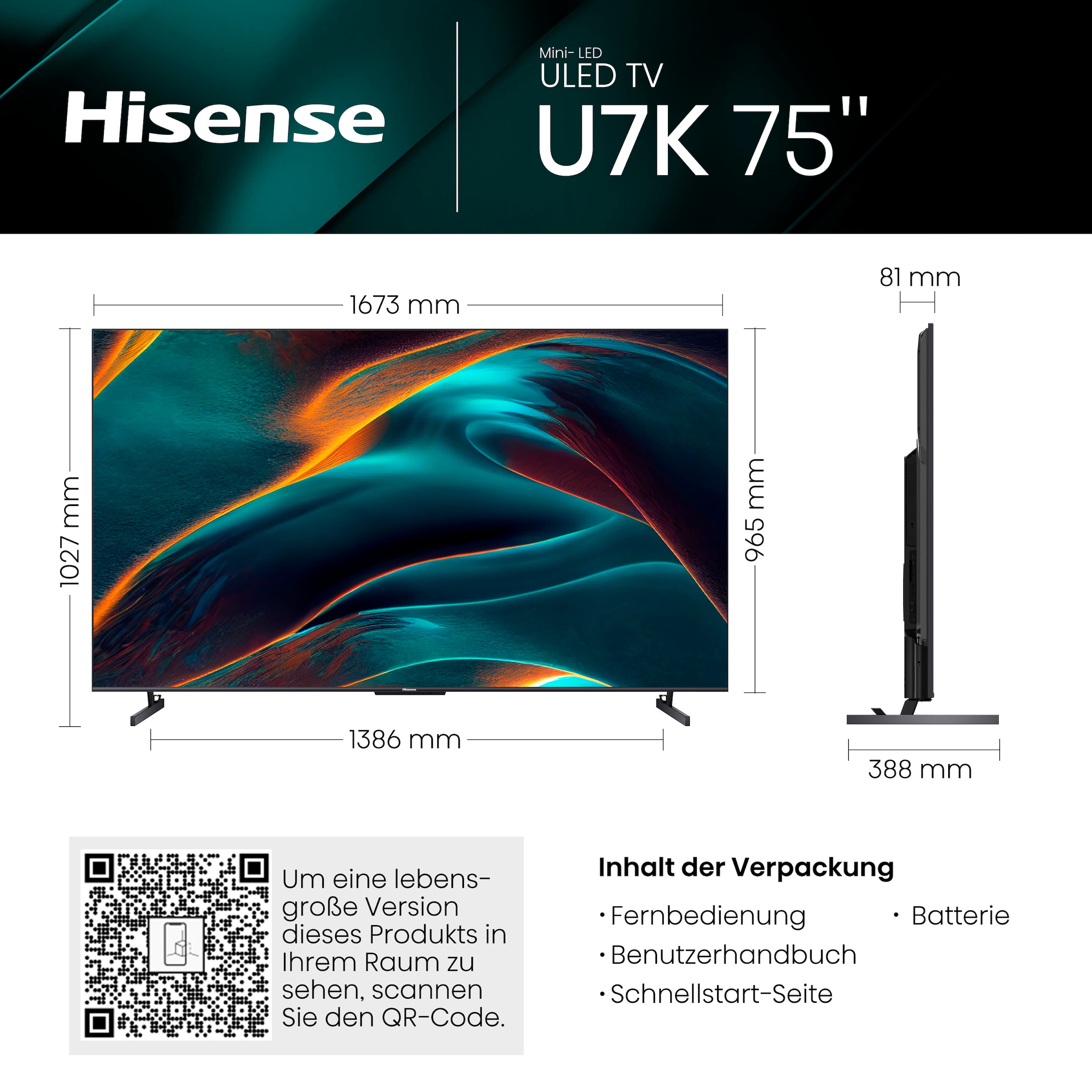 Hisense Mini-LED-Fernseher »75U7KQ«, 189 cm/75 Zoll, 4K Ultra HD, Smart-TV