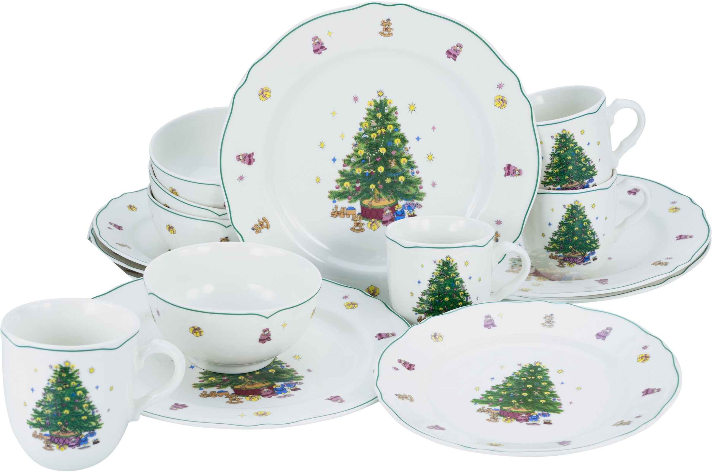 CreaTable Kombiservice »Geschirr-Set Tannenbaum, Winter, Advent, Weihnachten«, (Set, 16 tlg., Kaffeeservice und Tafelservice im Set, für 4 Personen), Service, verspielte Streumotive, 16 Teile für 4 Personen