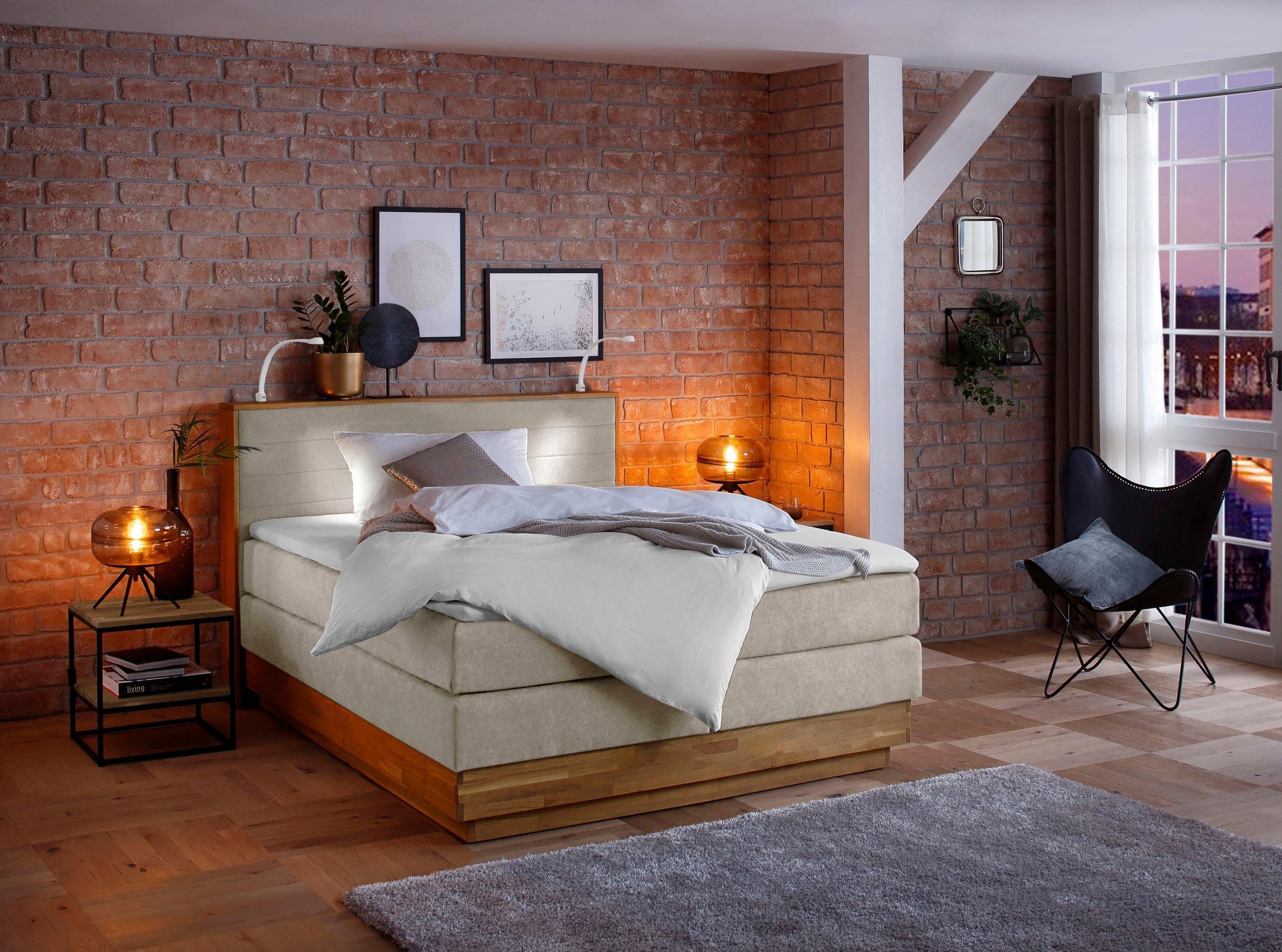 Home affaire Boxspringbett »CAVAN, mit Bettkasten, inkl. 7-Zonen-TTFK-Matratze H2-H4 und Topper« aus Massiveiche, Microfaser- oder Strukturstoff, 160/180/200cm x 200cm