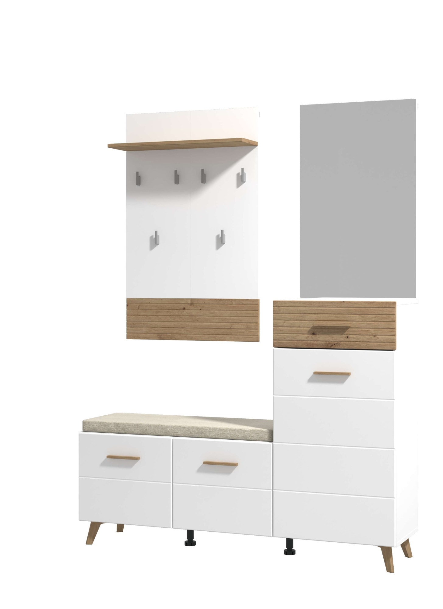 Home affaire Garderoben-Set »Sein Kompaktgarderobe, Flurgarderobe, Dielenschrank, Hochglanzfronten«, (Komplett-Set, 4 St.), mit Schuhschrank, Sitzbank, Garderobenpaneel und Spiegel