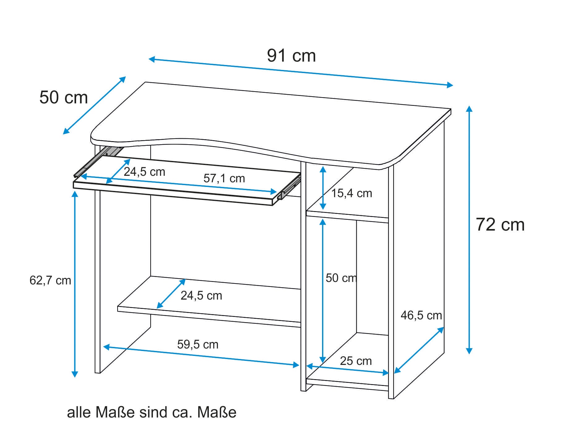 VOGL Möbelfabrik Schreibtisch »Sam«, mit Tastaturauszug & Towerfach, geschwungene Tischplatte, Breite 91 cm