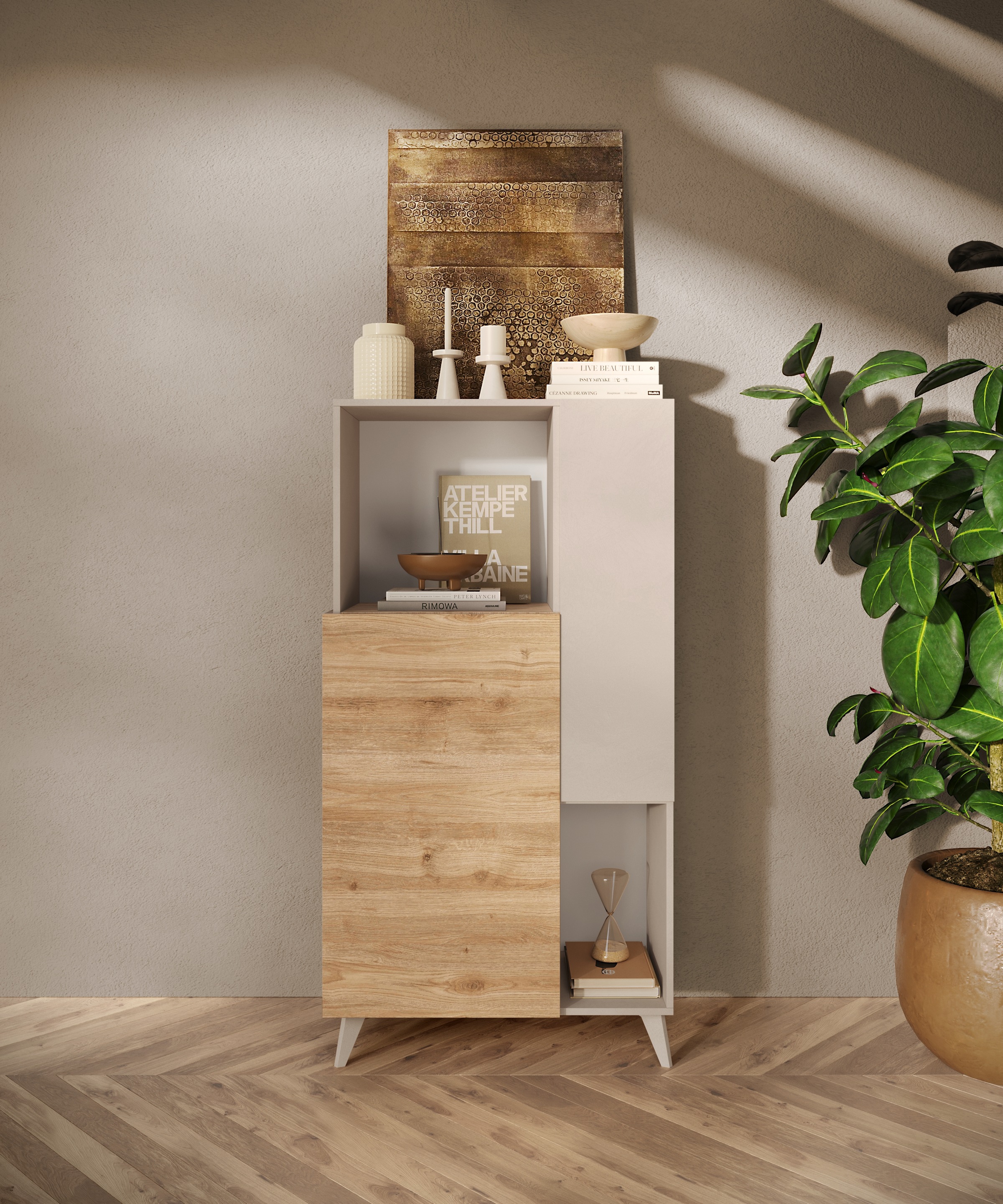 INOSIGN Highboard »Monaco Höhe 154 cm, Stauraumschrank mit 2 Türen (4 Fächer) und 2 offen«, Hohe, schmale Kommode – sanftes Schließen, edles Design, viel Platz