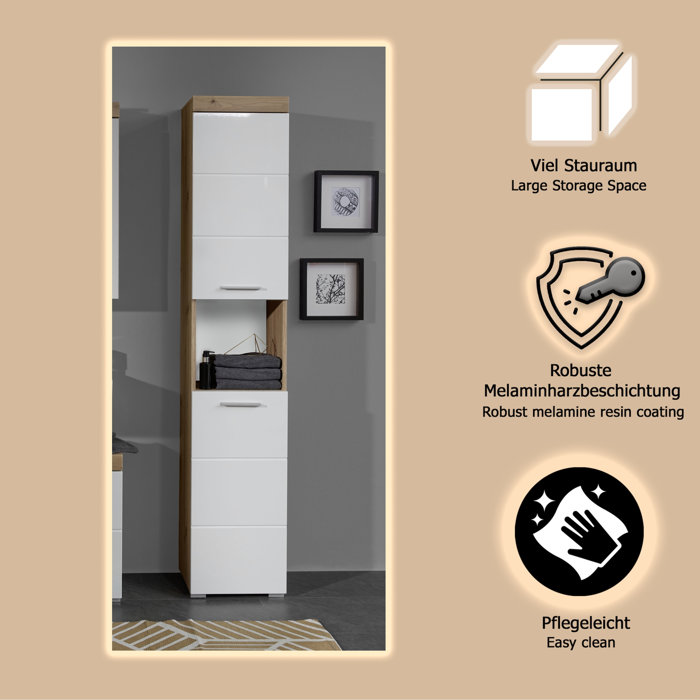 welltime Hochschrank »Avena«, Badschrank mit 2 Türen & 1 Fach - (B/T/H) 37/31/190 cm