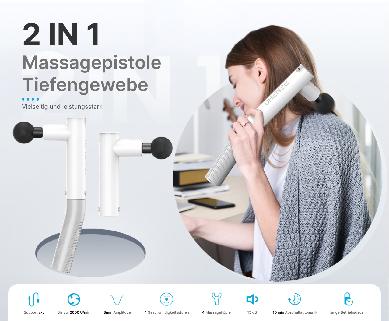 Renpho Massagepistole »Renpho Extend Massage Gun C004«, Inkl.Verlängerungsgriff für schwer zu erreichende Stellen