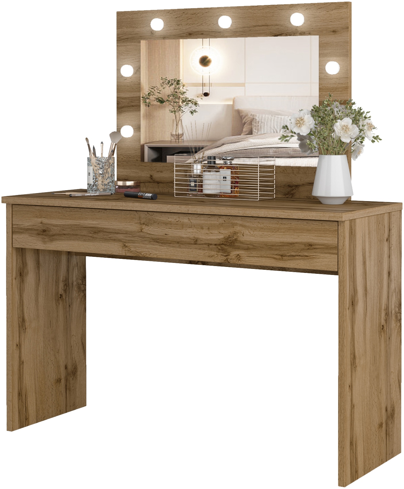 INOSIGN Schminktisch »Eva, Frisiertisch Kosmetiktisch 1 Schublade«, (FSC-zertifizierter Holzwerkstoff mit Melaminbeschichtung), mit LED Beleuchtung, 118x135x42cm, Made in Europe