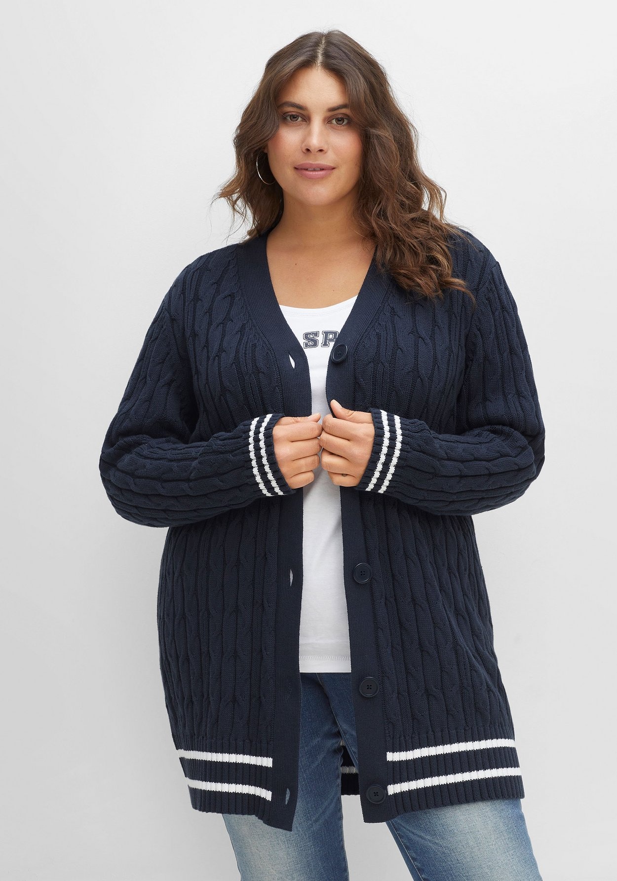 Cardigan »Longstrickjacke im Zopfmuster, mit Streifen-Bündchen«, im Zopfmuster, mit...