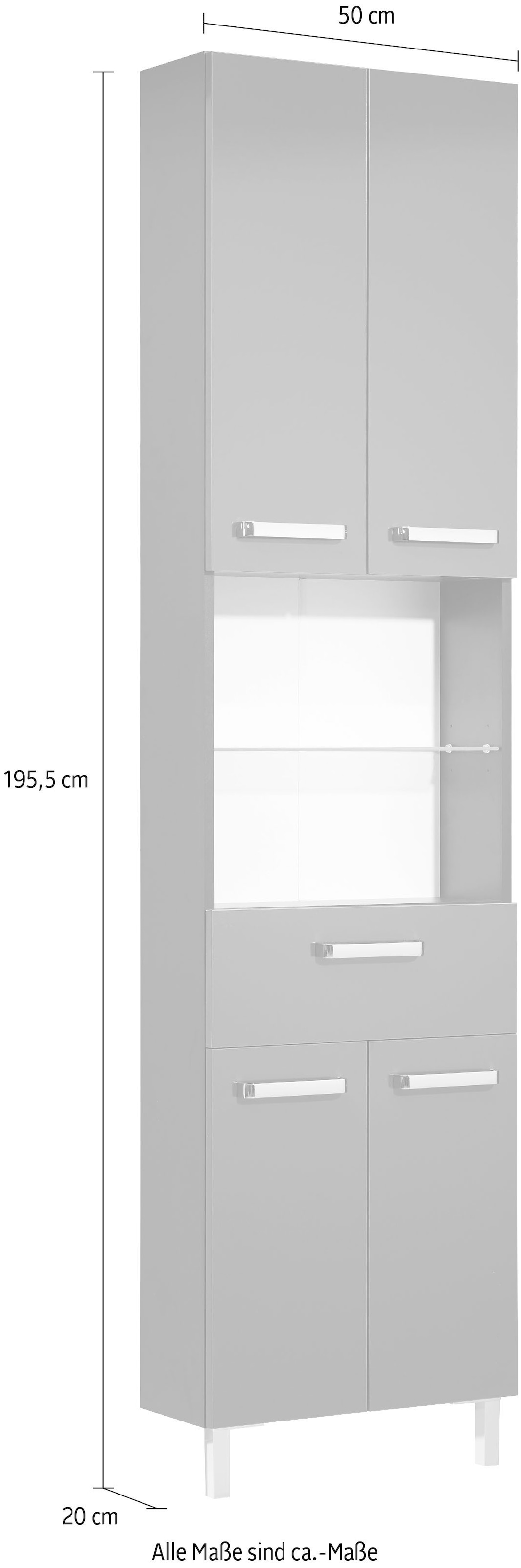 Saphir Hochschrank »Quickset Badschrank 50 cm breit, 4 Türen, 2 Nischen, 1 Schublade«, Badezimmer-Hochschrank inkl. Türdämpfer, Griffe in Chrom glänzend