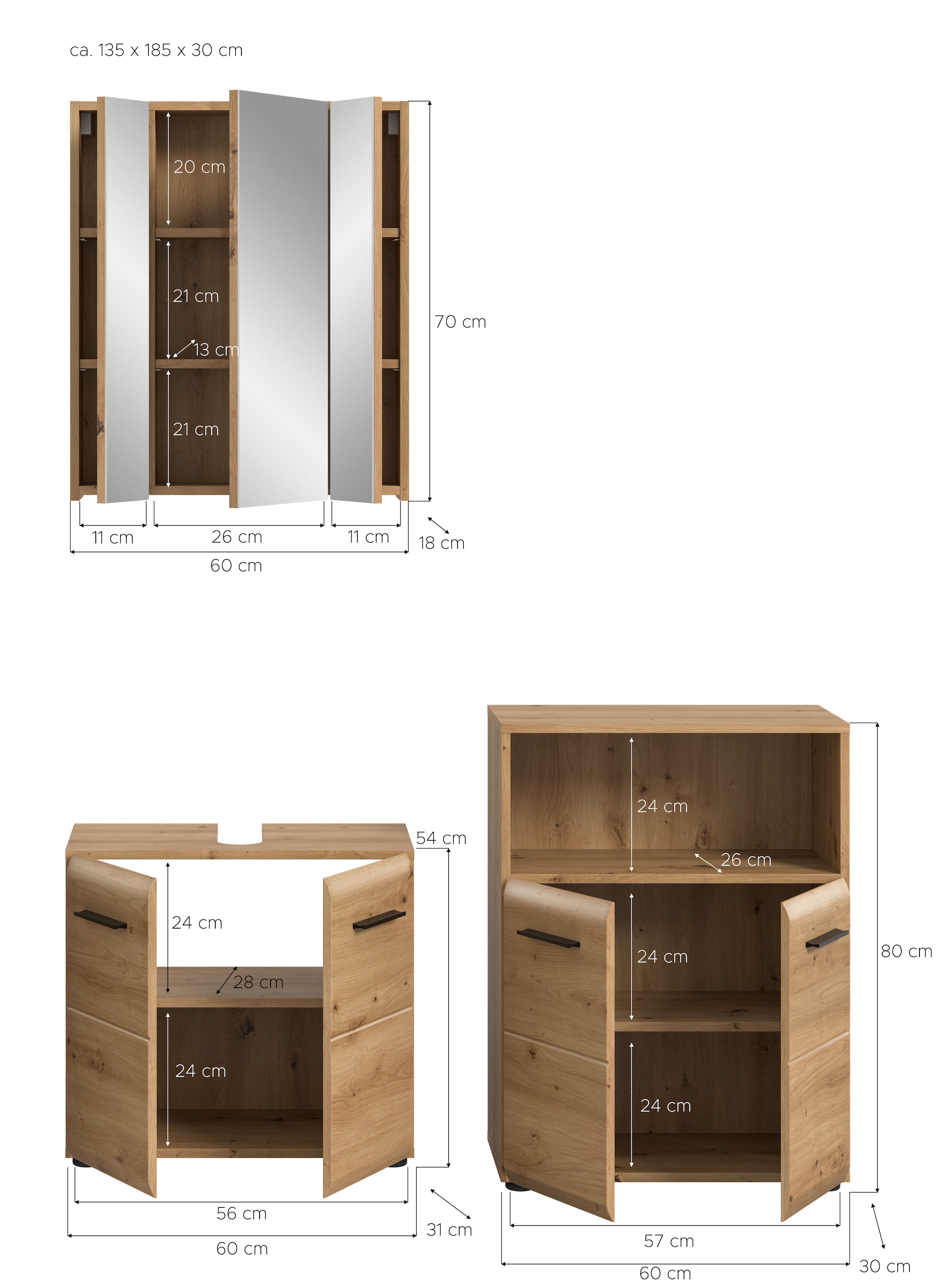 INOSIGN Badmöbel-Set »FLORENZ, TOPSELLER!, 3-teilige Badkombination, hochwertige MDF-Front«, (Set, 3 St., best. aus: Waschbeckenunterschrank, Spiegelschrank, Midischrank breit), Bad-Kombination, Bad-Möbel, Badezimmer, Kombination, Kombi